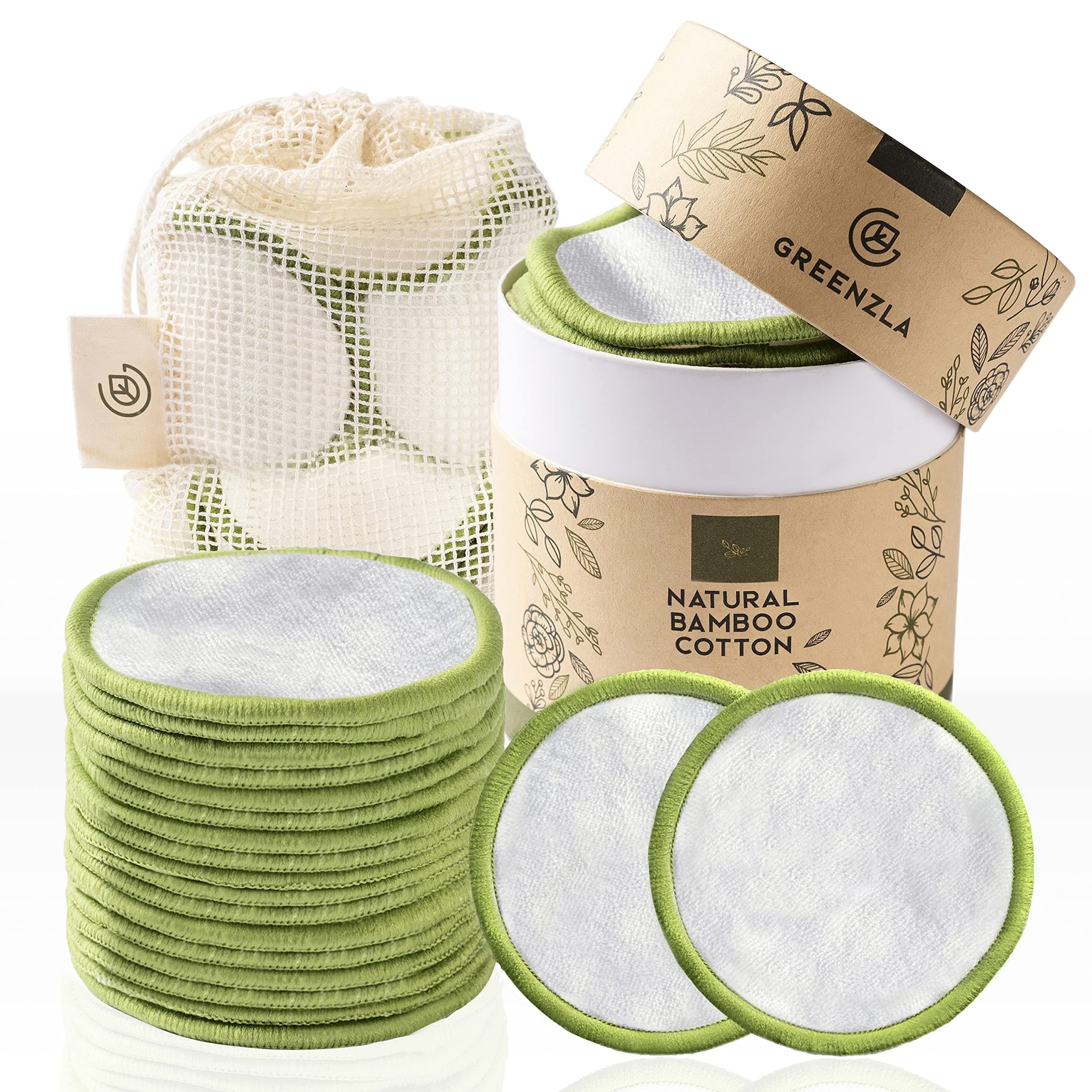Greenzla Reusable Makeup Remover Pads (20 Pack) Washable Laundry Bag & Round Box for Storage, Reusable Bamboo Cotton Rounds for All Skin Types