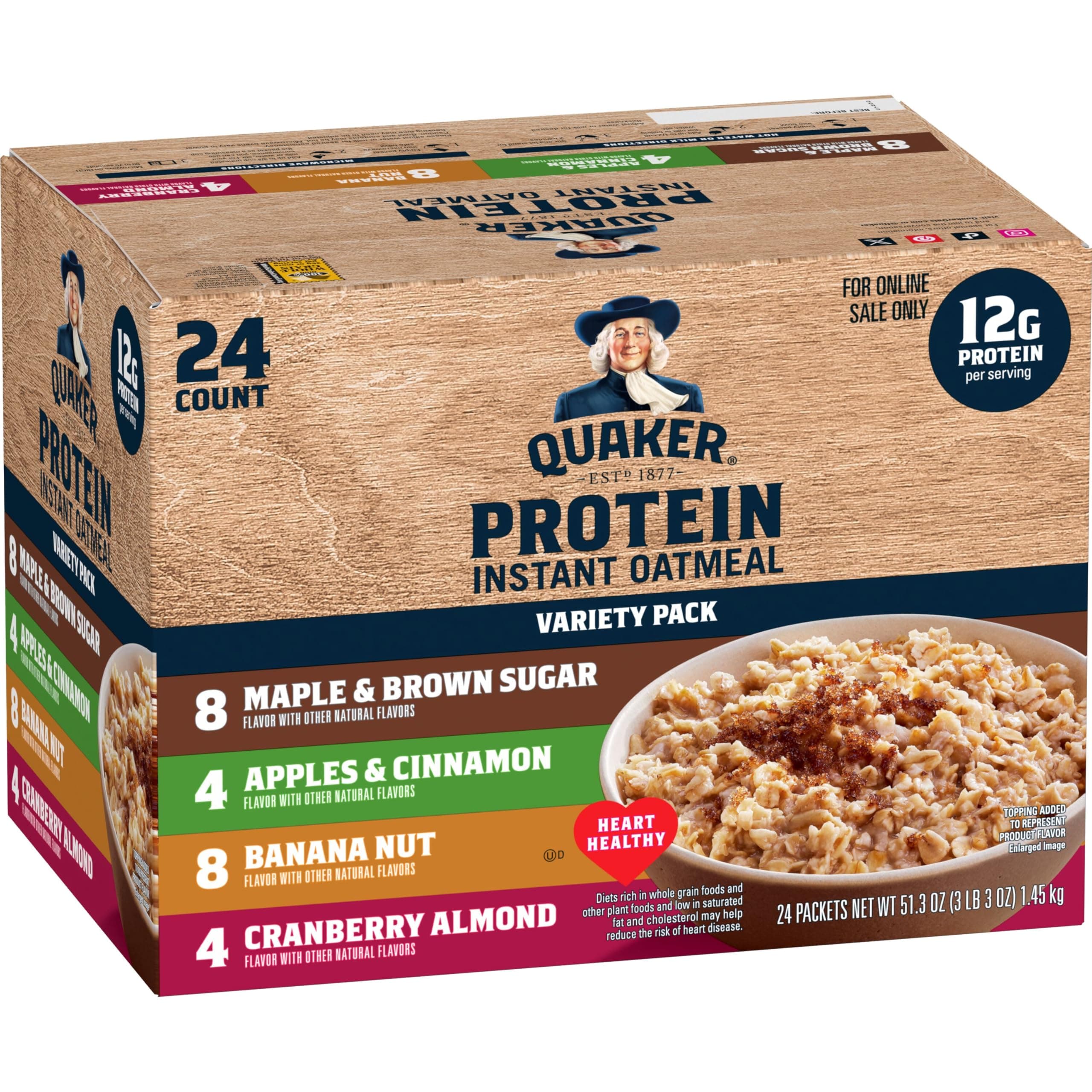 - Quaker Instant Oatmeal, Protein 4 Flavor Variety Pack, 7g+ Protein, Individual Packets, 24 Count