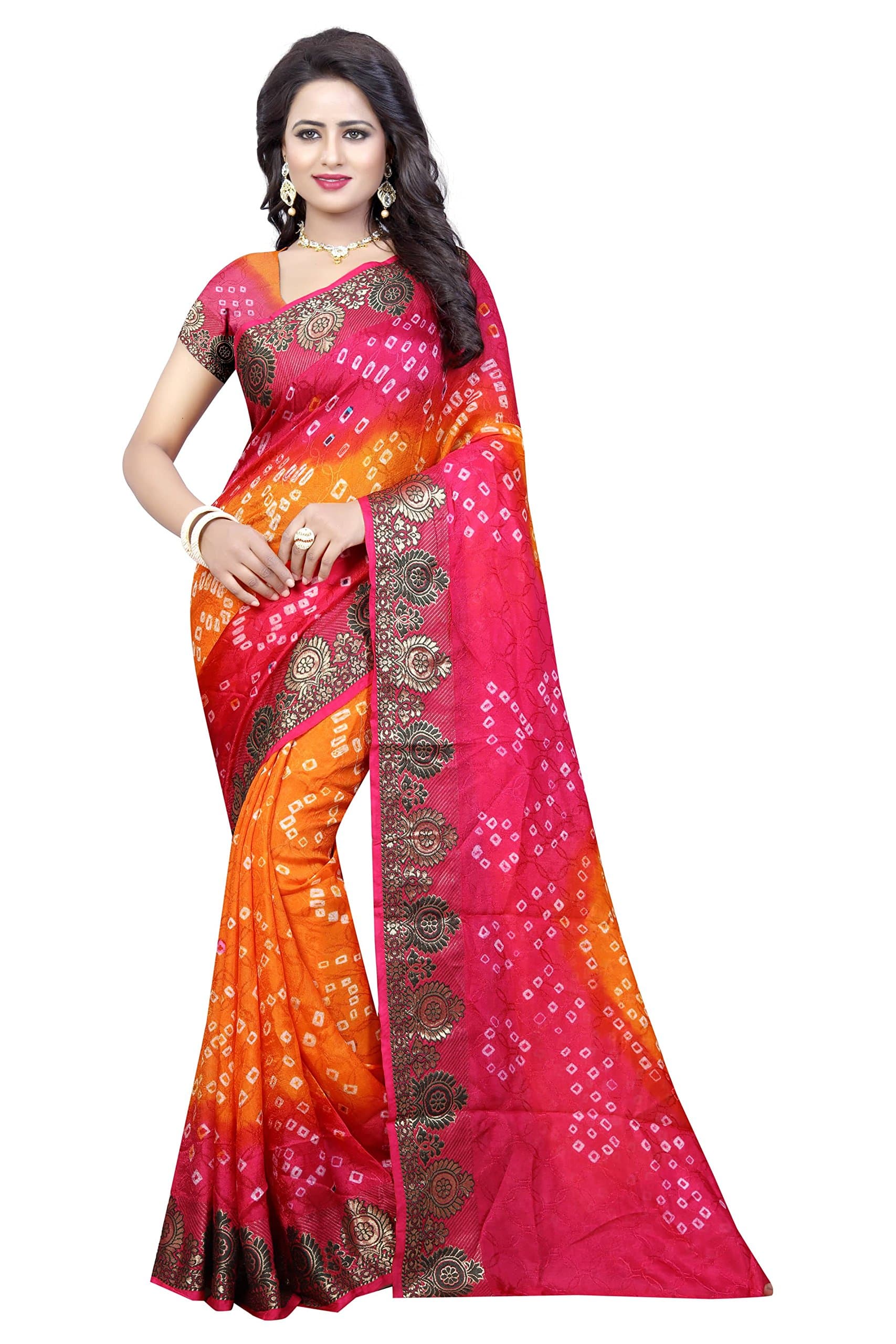 Dealsure Women's Art Silk Woven Bandhani Saree with Unstitched Blouse Piece.(Pink Orange)