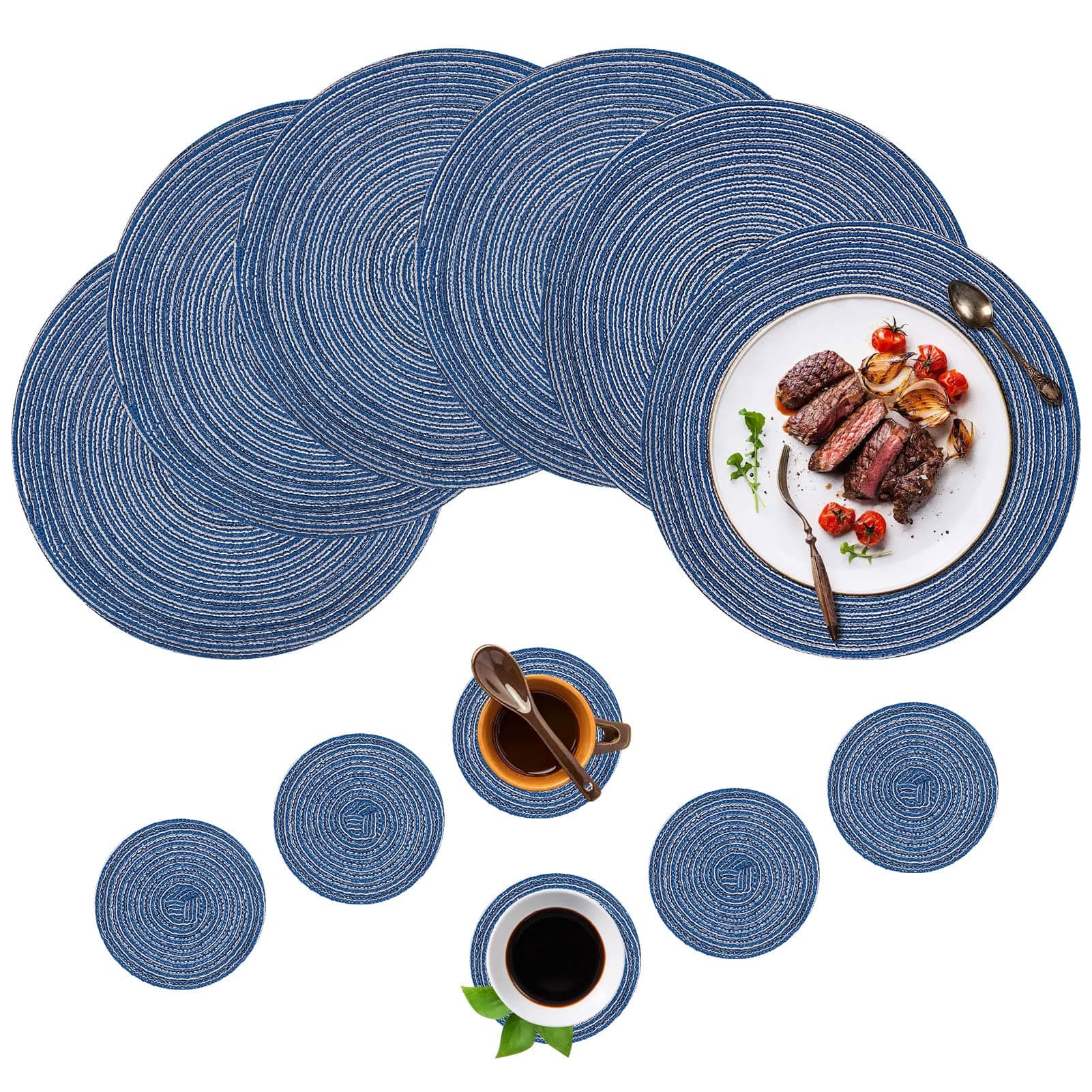 Cerolopy 12Pcs Round Place Mats Set of 6, Durable Nordic Style Hemp Cotton Threaddining Placemats for Home Kitchen, Dining Table, Outdoor, Christmas Party(6 Placemats+6 Coasters, Blue)