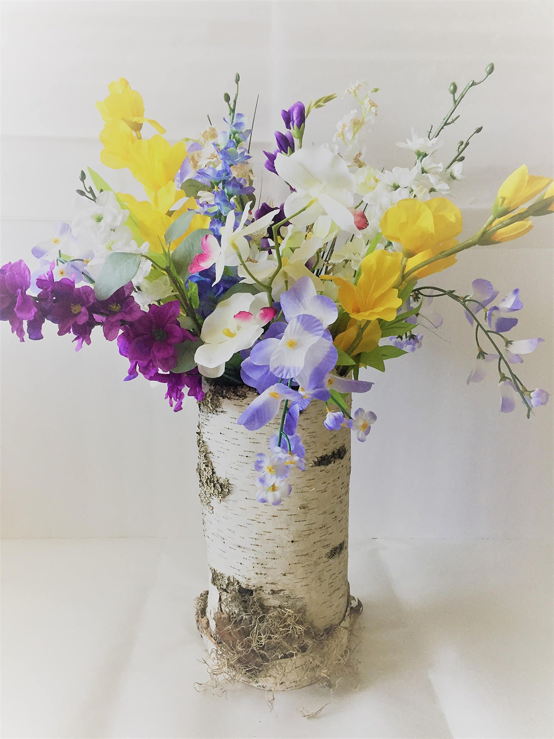 Silk Faux Floral arrangements,Silk modern Flower in tall natural birch bark, Spring Flower Arrangement, Mixed Floral Bouquet,Tall Birch Bark
