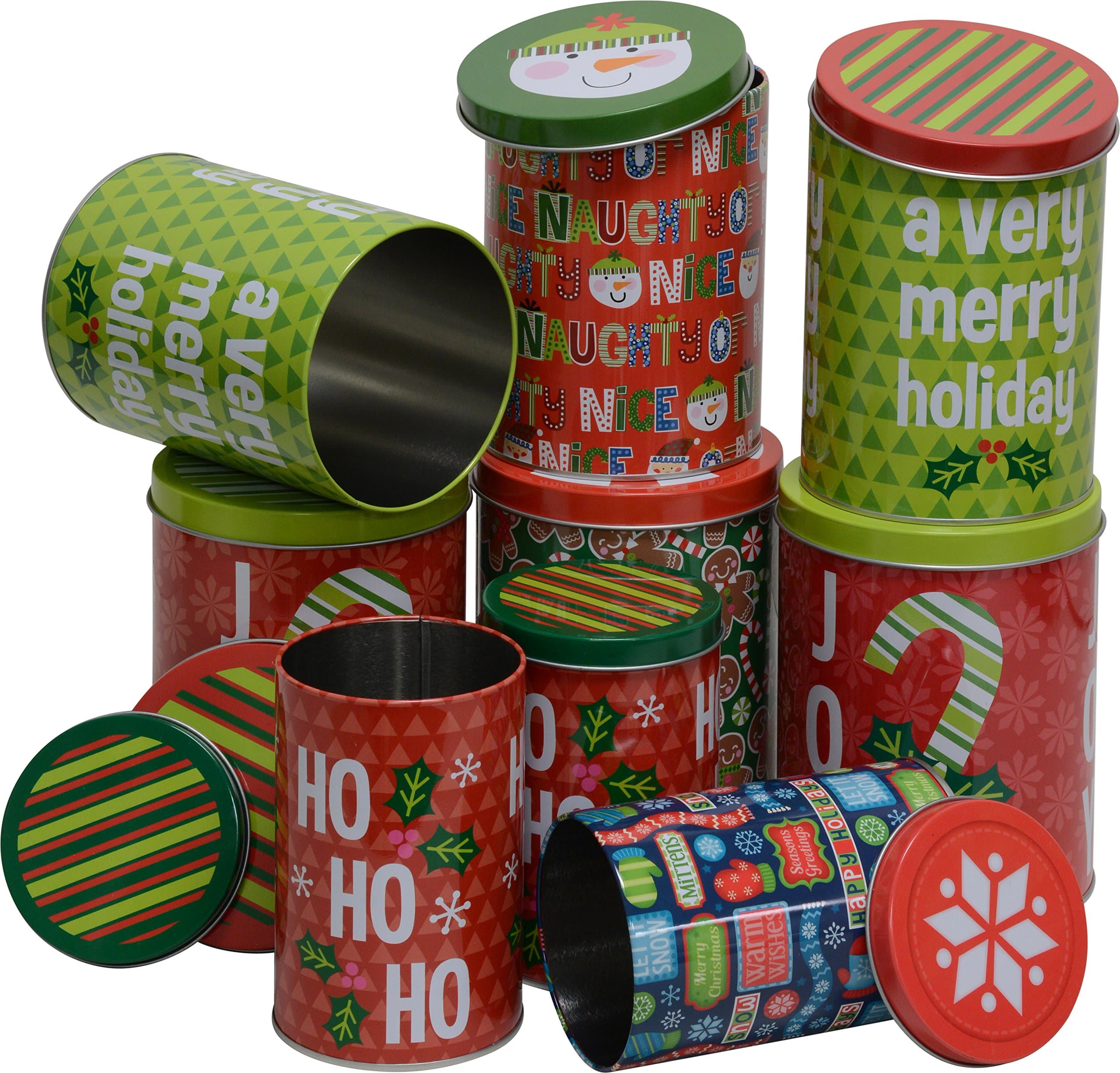 Christmas nested Cookie candy Tins for treats, small sizes, tall and round, 3 sets of 3, set of 9 holiday tins