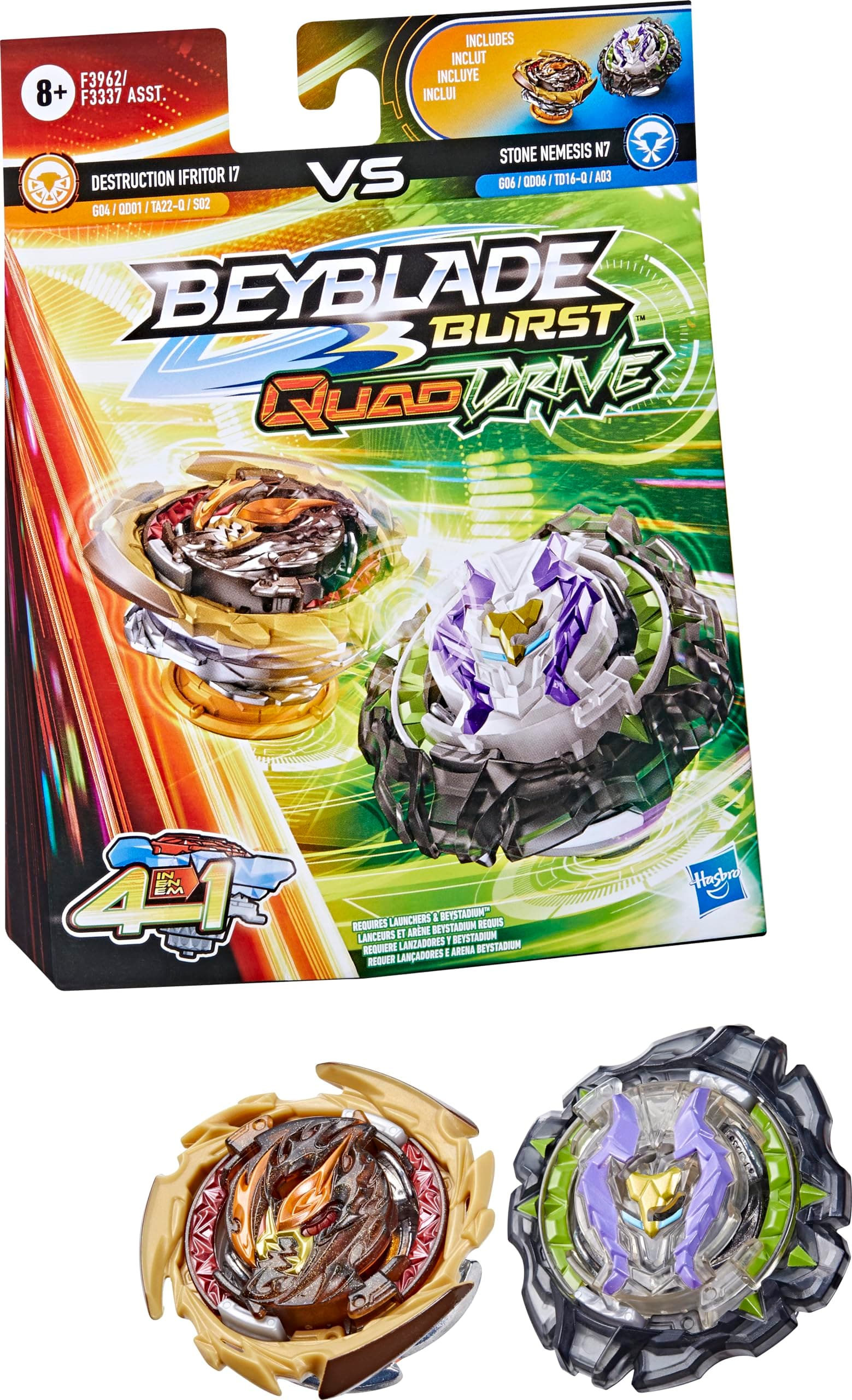 Burst QuadDrive Destruction Ifritor I7 and Stone Nemesis N7 Spinning Top Dual Pack - 2 Battling Game Top Toy for Kids Ages 8 and Up