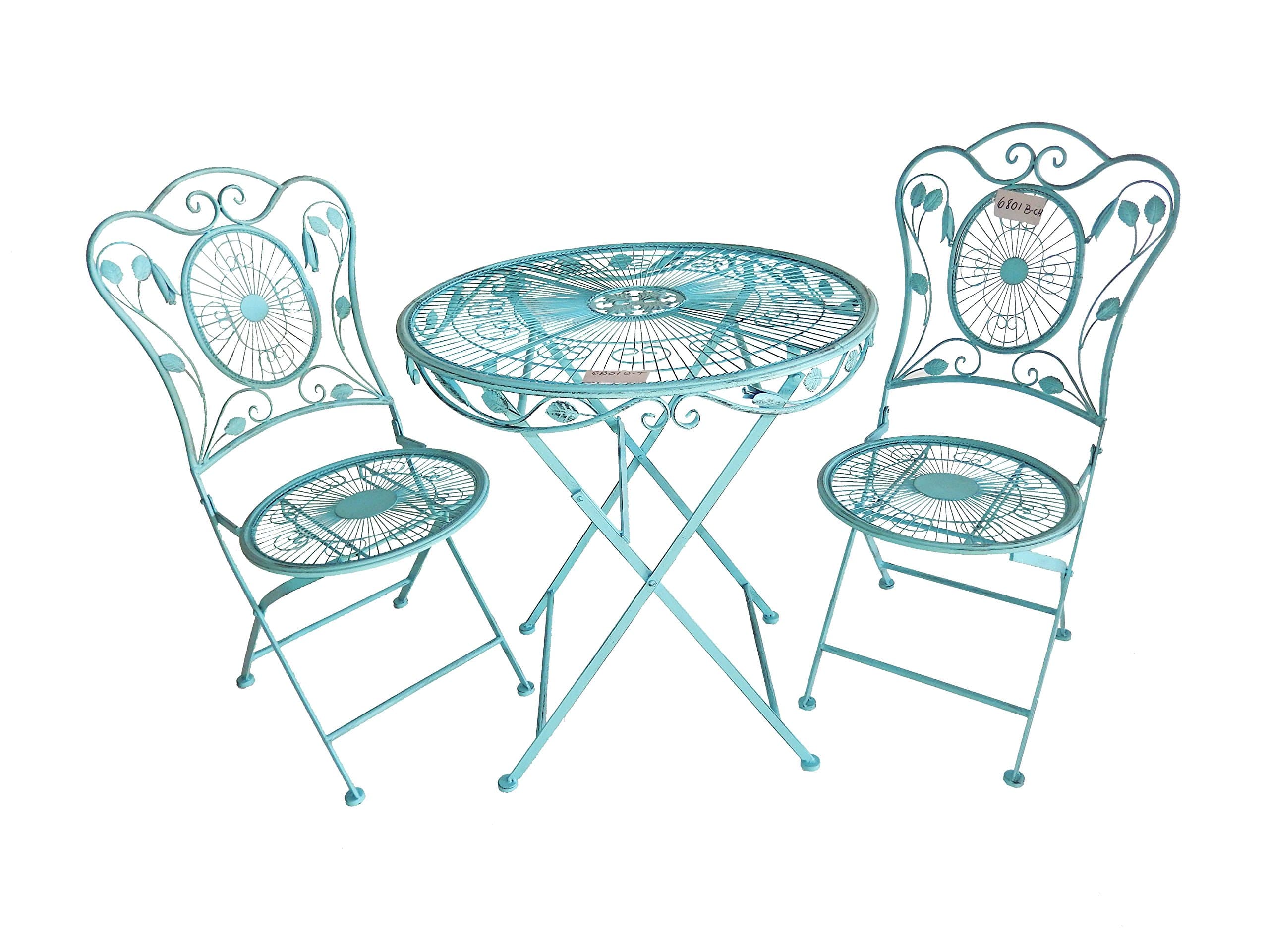 Three-Piece Folding Outdoor Bistro Set with Center Geometric Design, Round Back Chairs & Round Topped Table, Wrought-Iron, Color: Winterfresh Blue