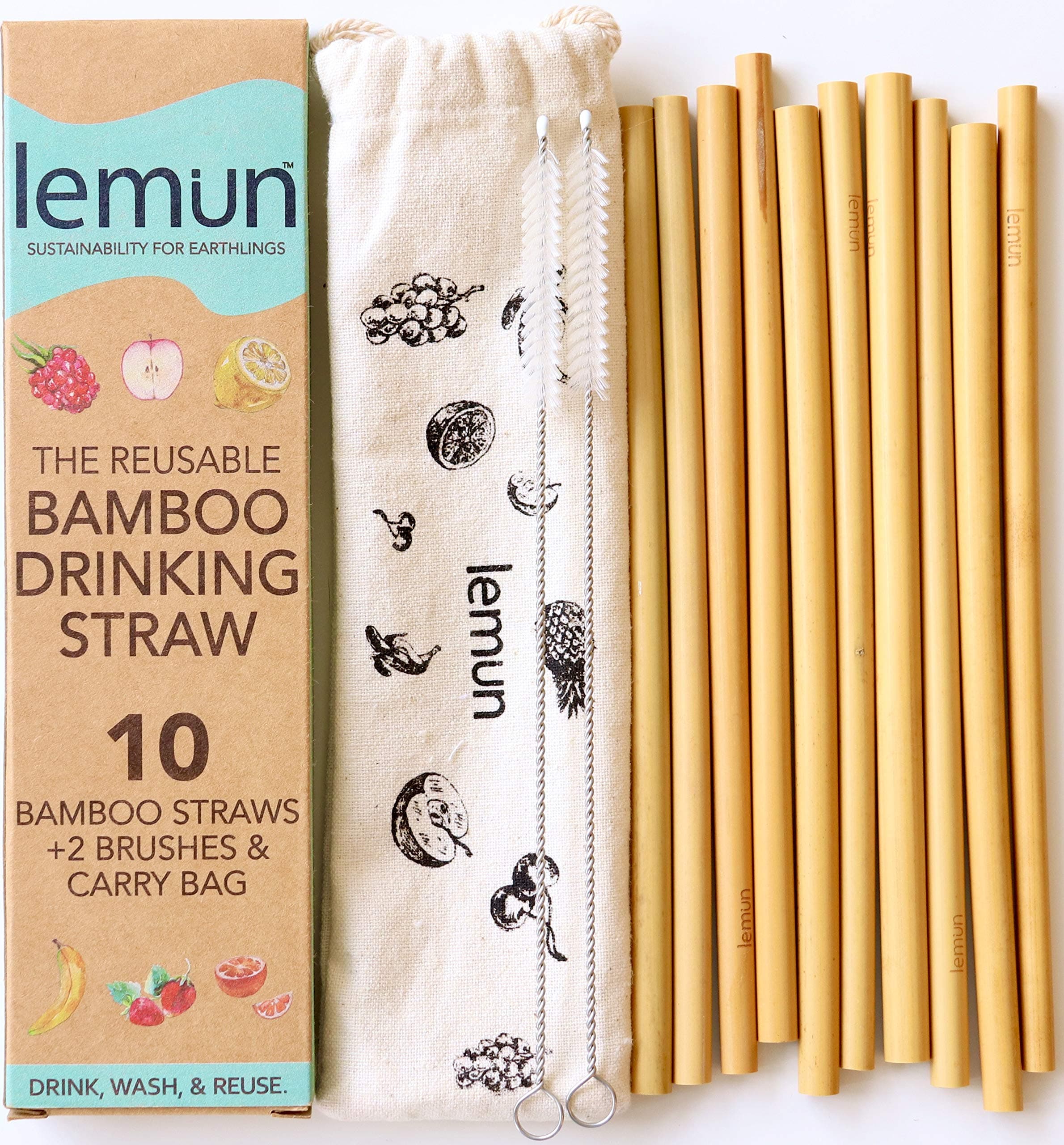 Bamboo Straws - Reusable Drinking Straws Natural | Set of 10 with Cotton Bag & 2 Cleaning Brushes, Kids and Adults | Zero Waste Plastic Alternative | 8in Long
