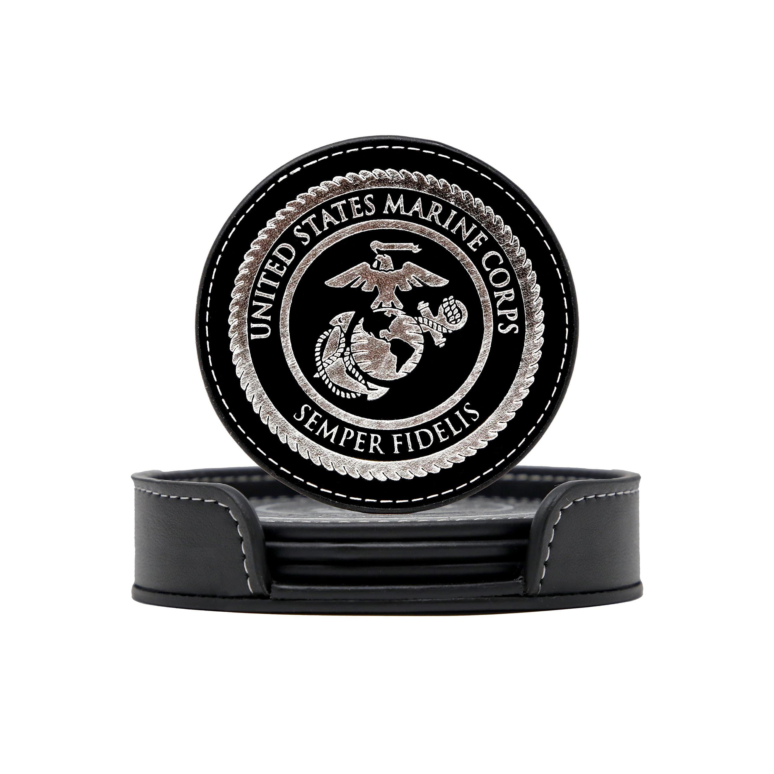 USMC Leather Coaster Set - 4 Premium Coasters with Hot Stamped Foil US Marines EGA Logo - Marine Corps Gift | USMC Leather Coasters