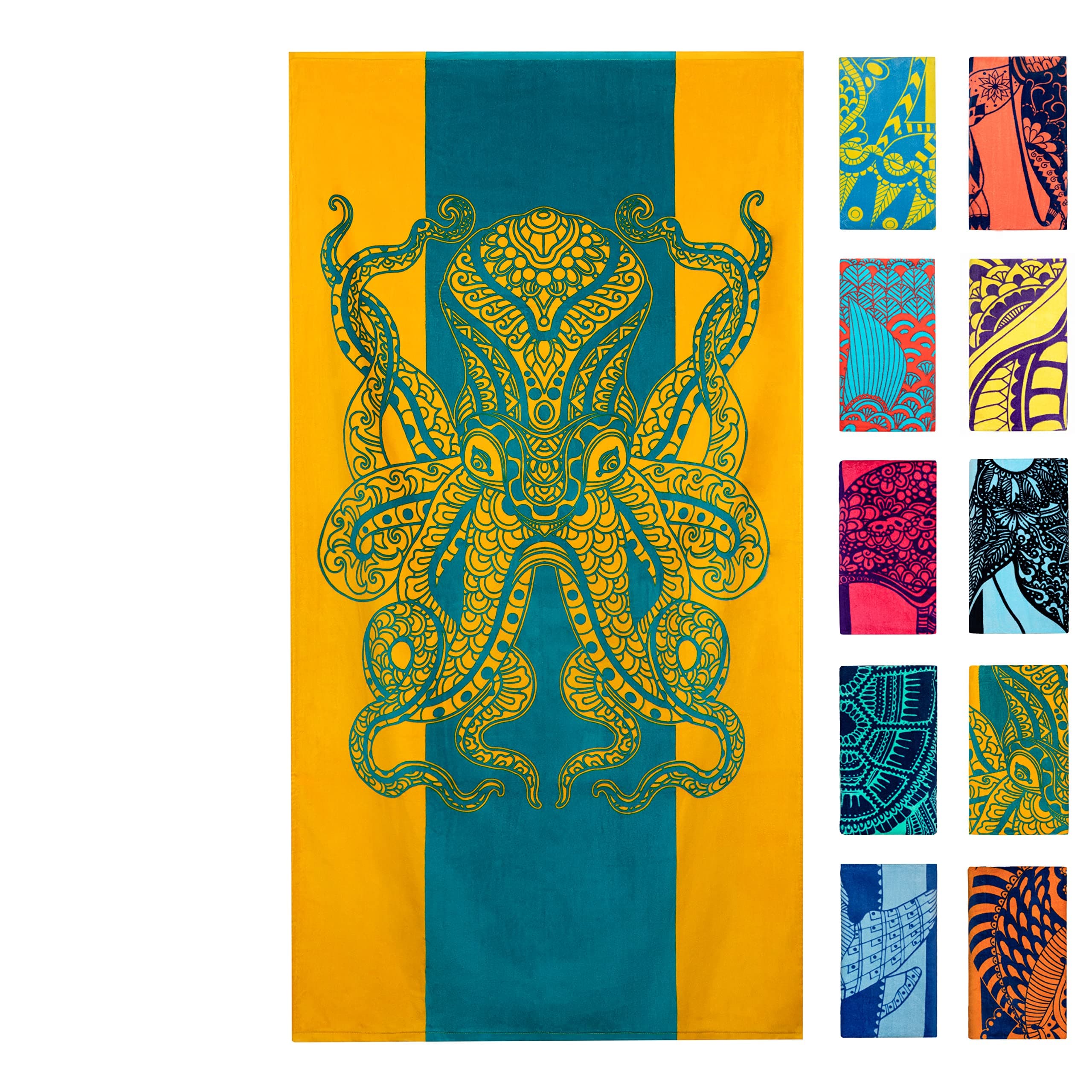 Octopus Beach Towel (34 X 63) – Orange & Teal Colorway with Tropical Design Travel Beach Towels Made from 100% Cotton – Vibrant Colorful Blanket Towel –Beach Towel for Adults