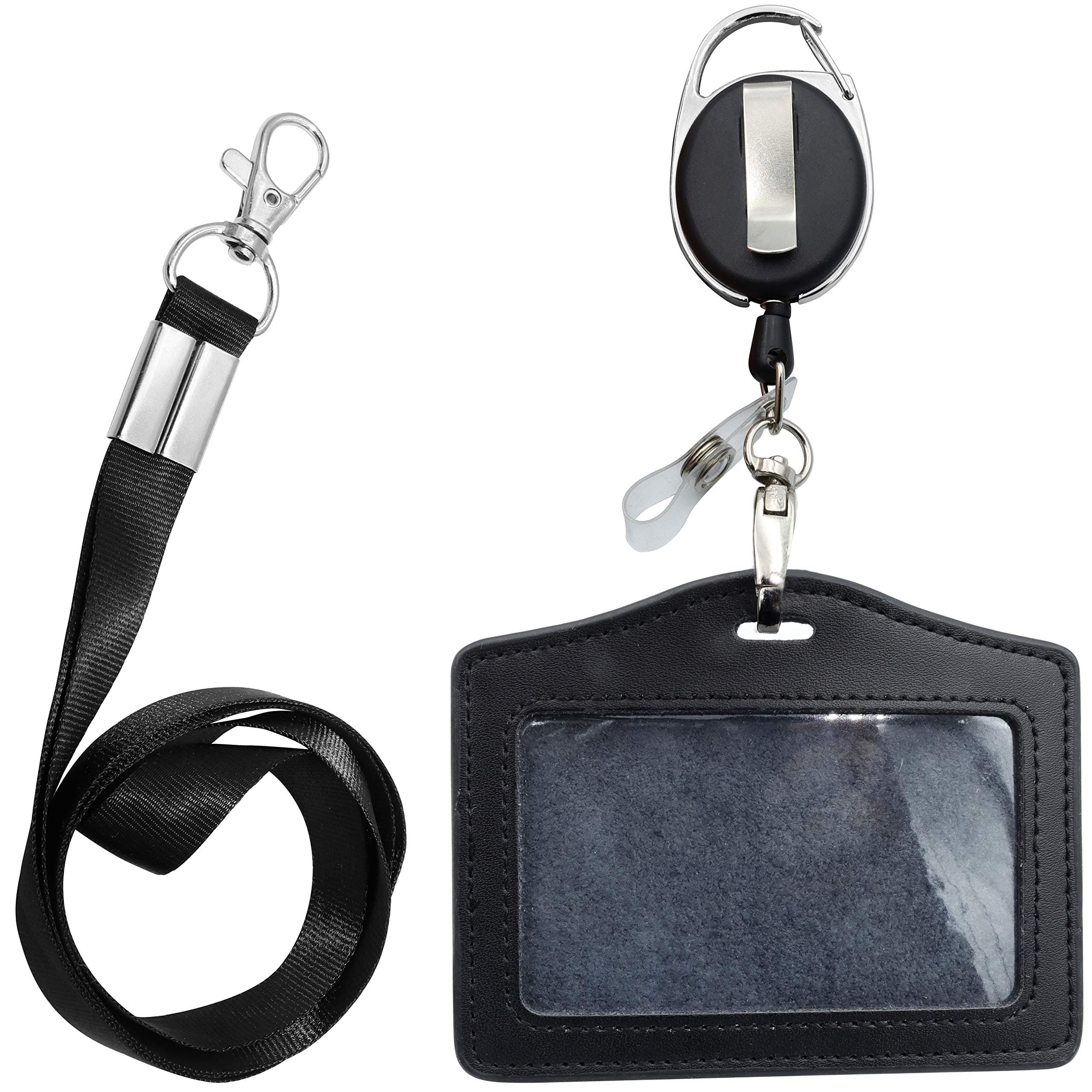 ID Card Case + Lanyard + Badge Holder Retractable Reel Carabiner and Plastic Clip (Genuine Leather Horizontal Black)