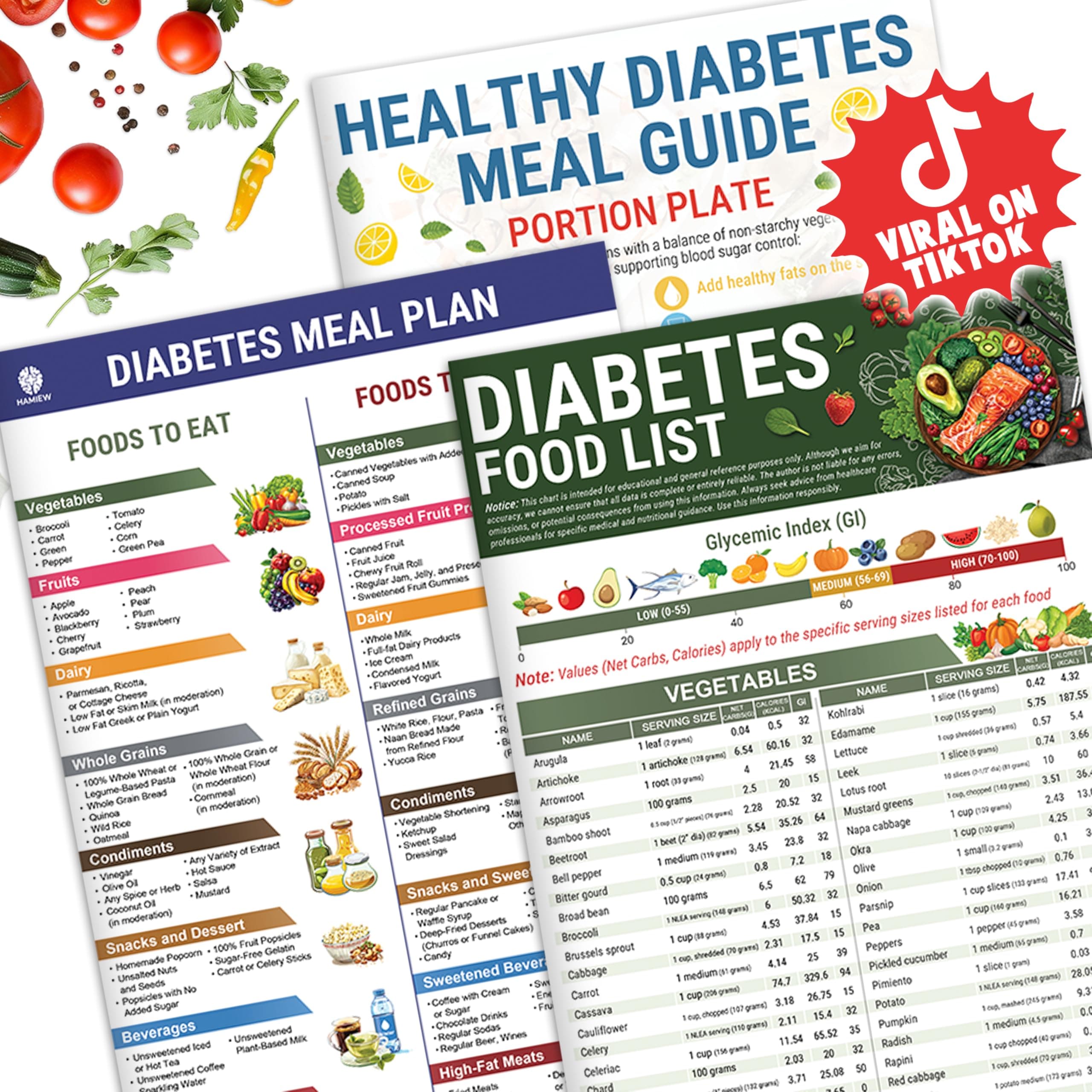 HAMIEW 3 Count Diabetes Food List and Meal Planner Laminated, Diabetic Food List Chart for Type 1 2 Diabetes, Healthy Diabetic Diet Meal Guide Plan Recipes Cookbook For Beginners Pre-Diabetes, Glycemic Index Chart