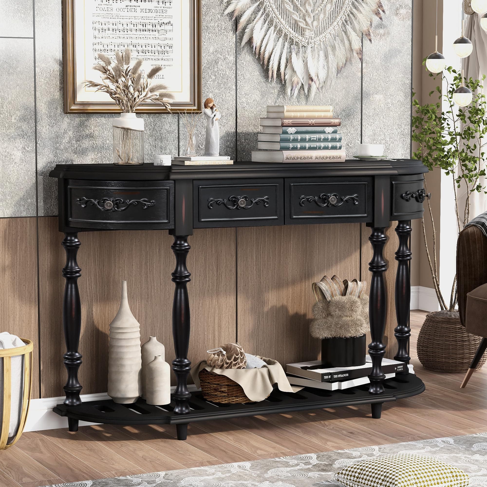 Knocbel 52in Sofa Console Table with 4 Storage Drawers and Bottom Slatted Shelf, Entry Hallway Foyer Long Table with Legs, 130lbs Weight Capacity (Antique Black)