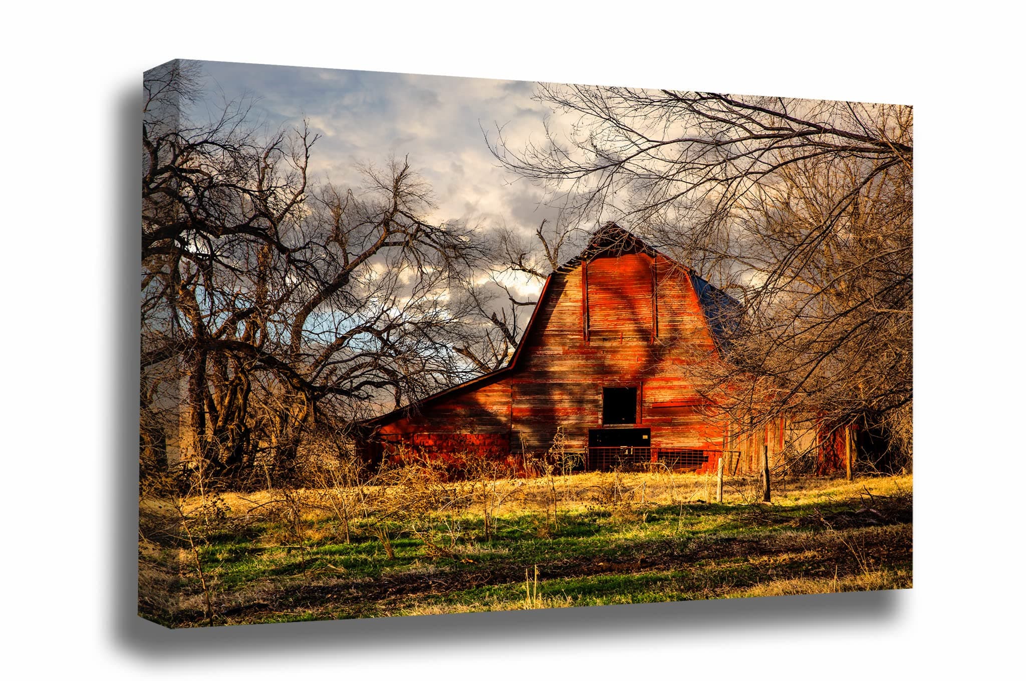 Country Canvas Wall Art (Ready to Hang) Gallery Wrap of Rustic Red Barn on Autumn Evening in Oklahoma Farm Photography Farmhouse Decor (.75, 8" x 10")