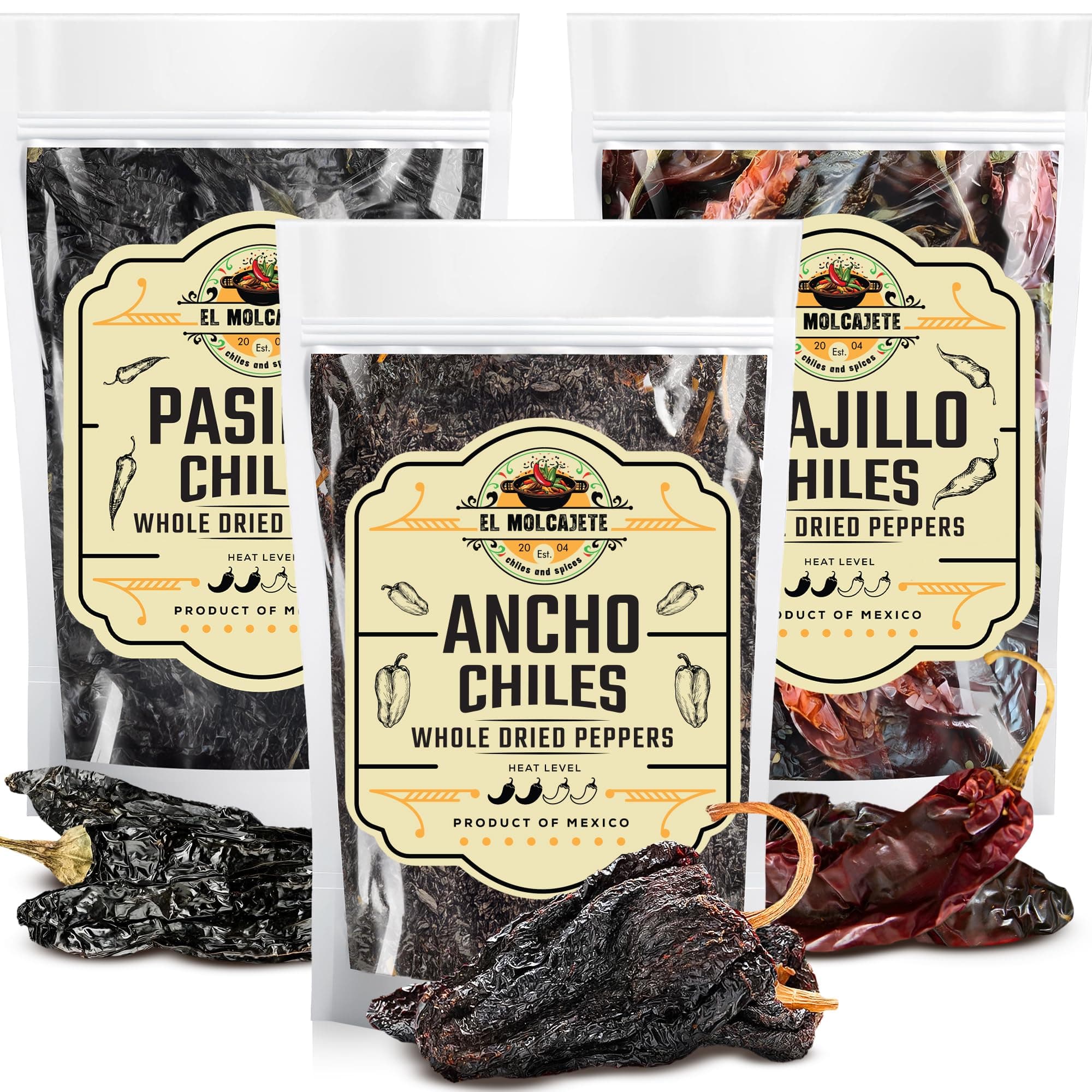 Dried Chili Pepper Variety Pack 4oz Each - Includes Premium Whole Ancho, Guajillo, Pasilla Chiles – Staple for Mexican Recipes - Moles, Salsa, Sauces, Birria, Stews, Tamales. By El Molcajete