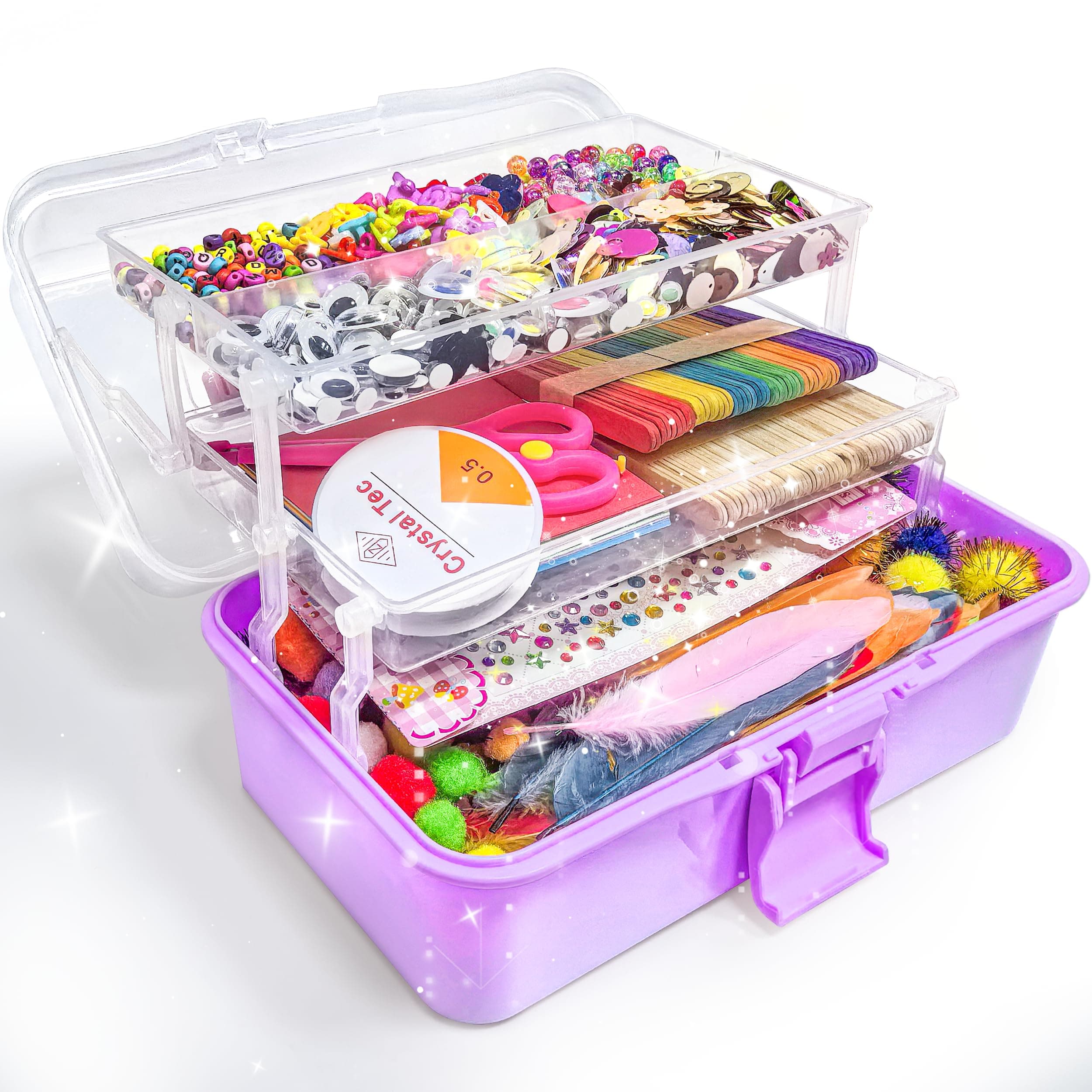 obqo 3000+ Pcs Art and Craft Box for Kids, Toddler Kids Craft Set Included Pipe Cleaners, Pom Poms, Feather, Folding Storage Box - All in One for Kids Craft Supplies (Purple)