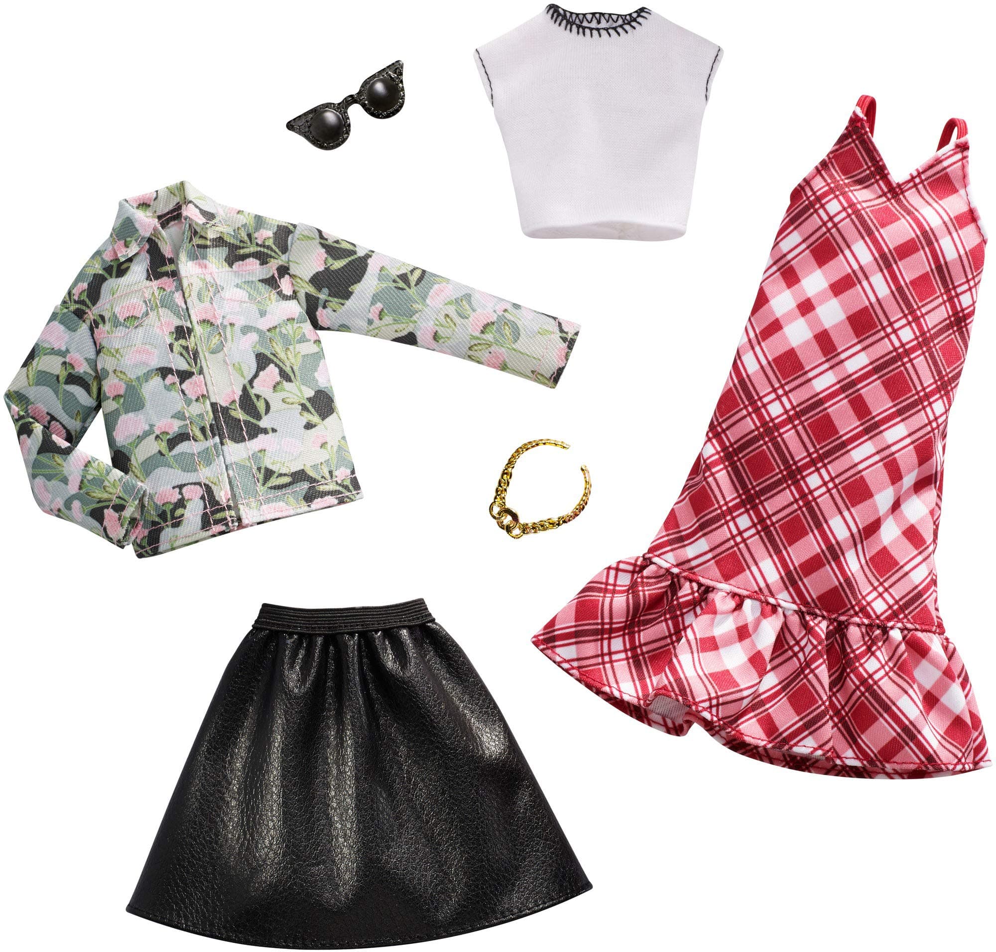 Clothes - 2 Outfits Doll Include Floral Denim Jacket and Leathery Black Skirt, Gift for 3 to 8 Year Olds