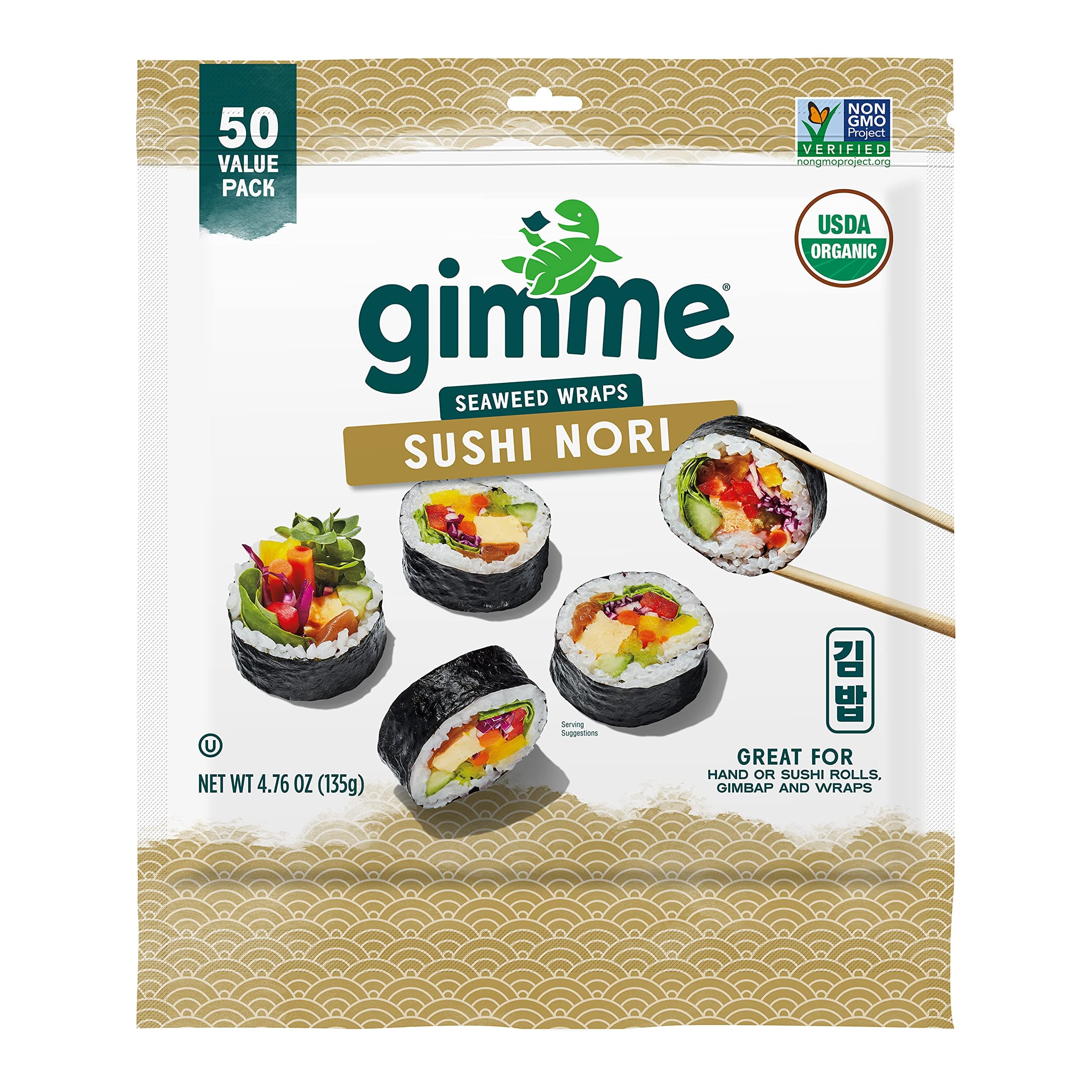 gimMe Sushi Nori 100% Organic Roasted Seaweed, 50 Sheets in Resealable Container, 50 Pieces (Pack of 1)