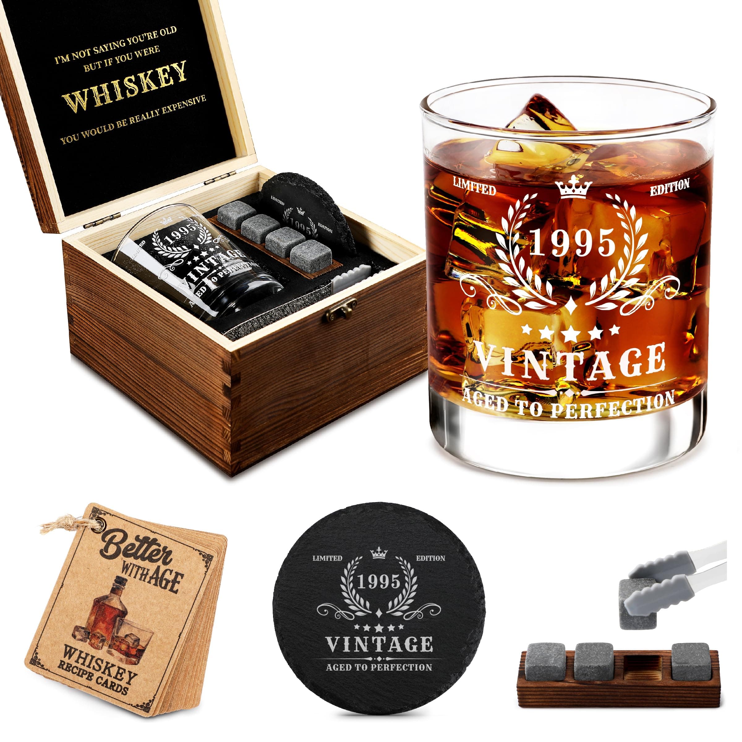 Pagather 30th Birthday Gifts for Men - Vintage 1995 Whiskey Glass Set, 30 Years Old Anniversary Ideas for Him, Dad, Husband, Include Wood Box, Recipe, Stones, Coaster, Stone Holder, Clamp