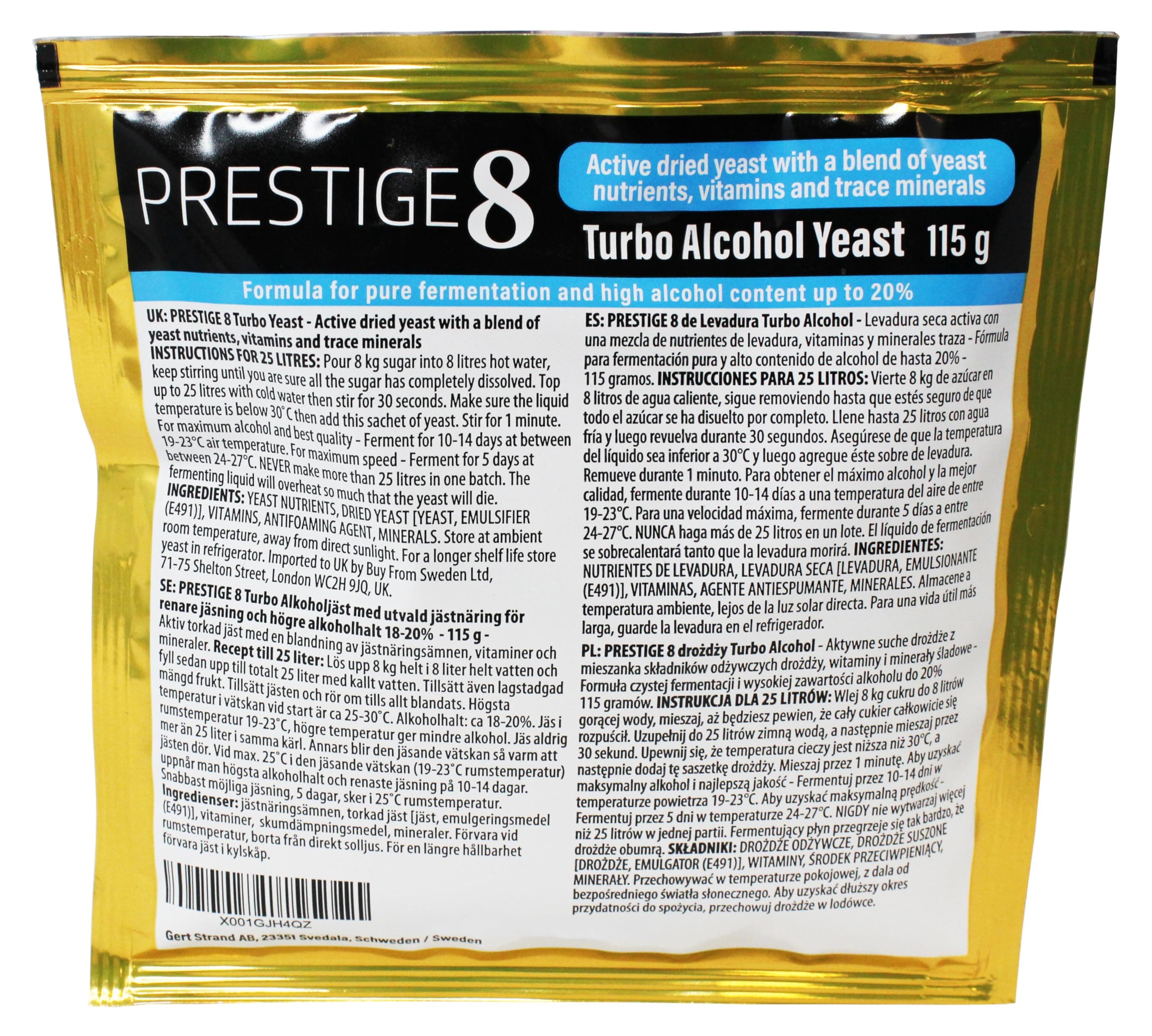 The Original Prestige - Prestige 8 Turbo Yeast 20 Percent - All Purpose Home for Pure Fermentation and Fermentation of Beverages, Distillates, and Fruit Drinks - 115 Grams
