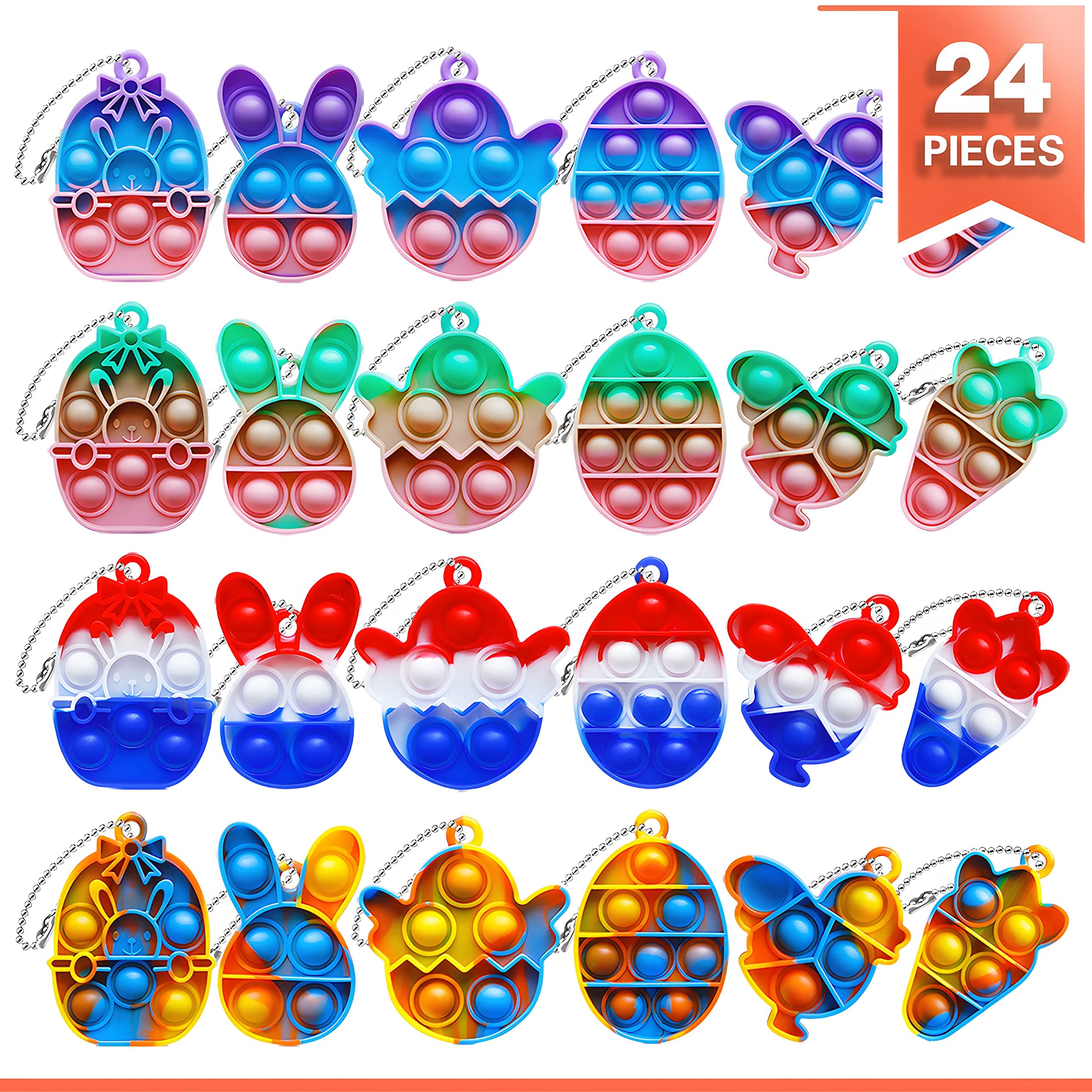 24Pcs Easter Basket Stuffers Pop Fidget Toys Push Pop its Bubble Fidget Sensory Toy Pop it Fingertip Keychain Decompression Bubble Easter Eggs, Easter Gifts for Kids.…