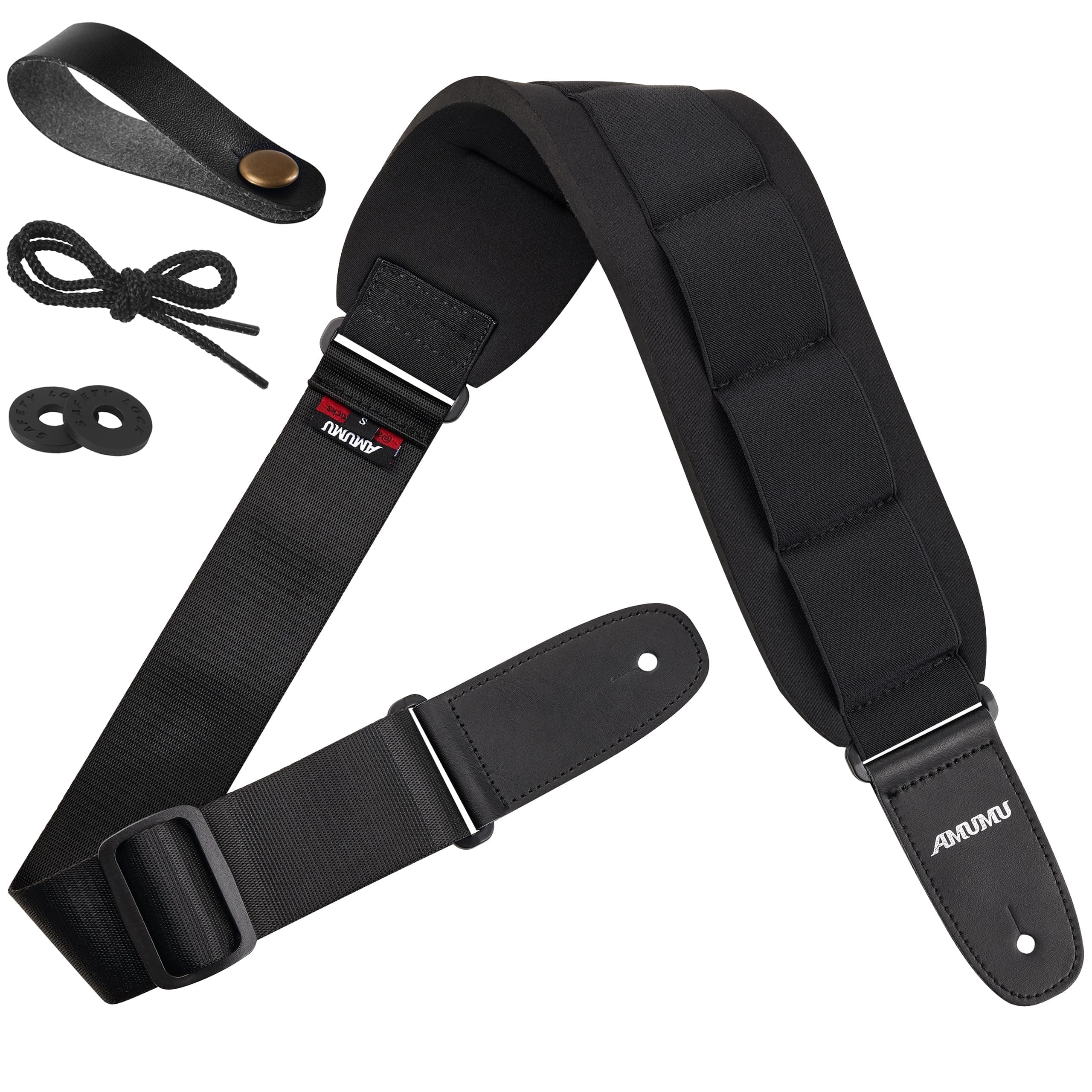 Guitar Strap SBR Foam Padded Short Black for Acoustic, Electric, and Bass Guitars with Strap Blocks & Headstock Strap Tie - 3.3" Wide