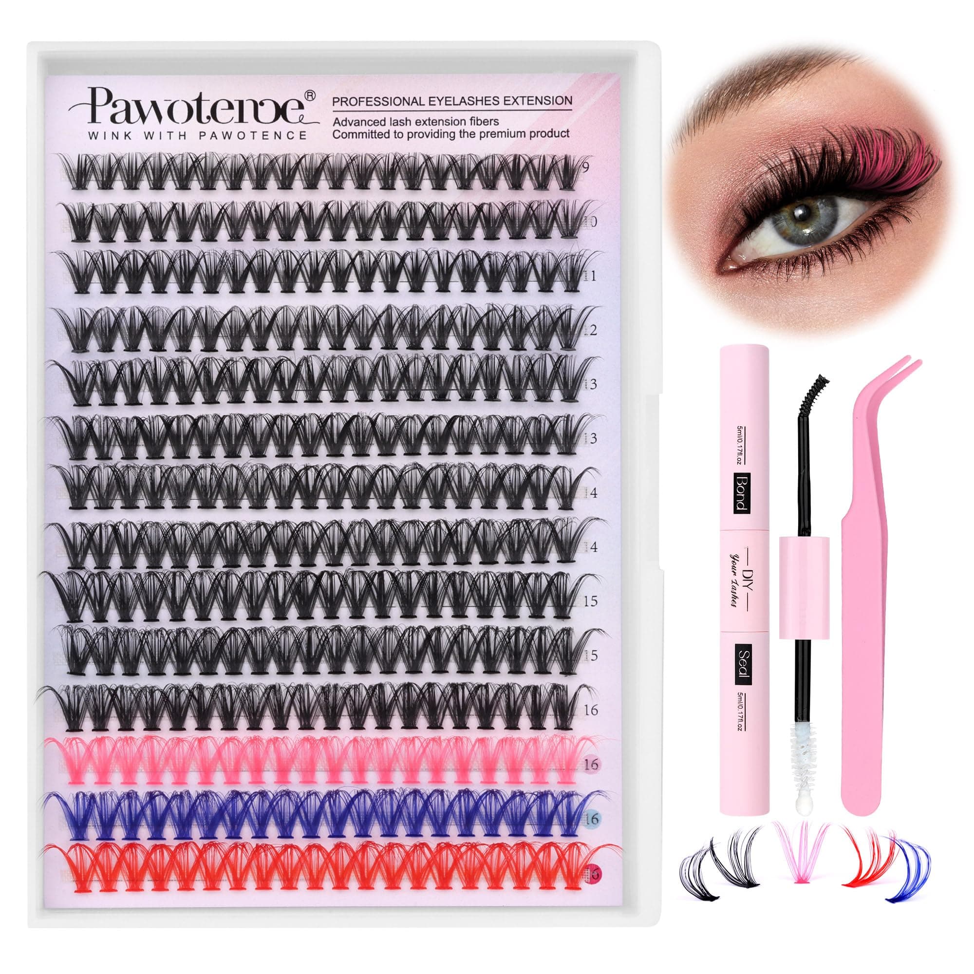 Pawotence Lash Extension Kit DIY Individual Lash Clusters Eyelash Extension Kit 9-16mm Lash Clusters Colored with Lash Bond and Seal, Lash Tweezers for Self Application (40D, 9-16mm, Color Kit)