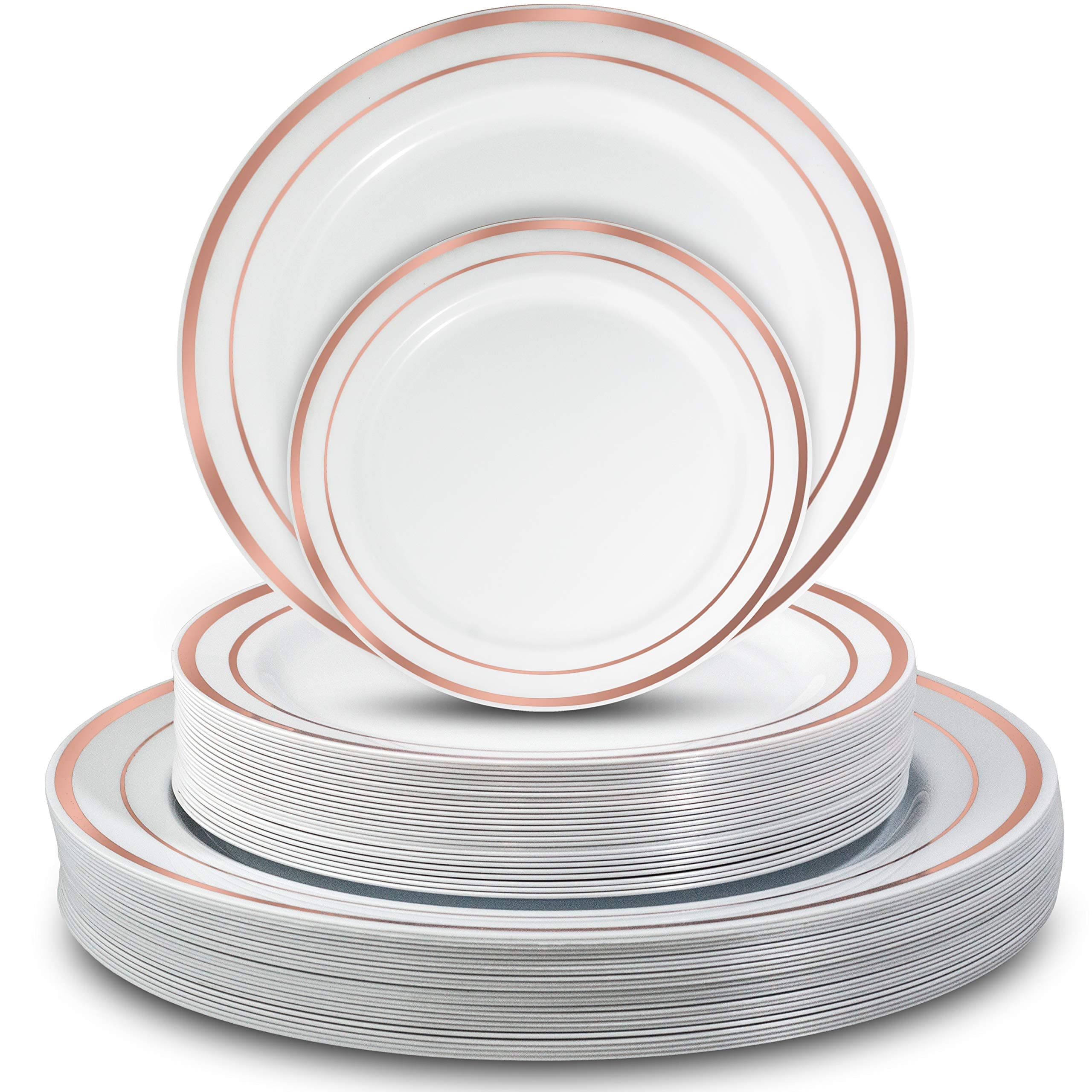 Disposable Plastic Plates - 50 Pcs. Sturdy and Stylish Party Tableware. 25 Dinner Plates and 25 Side/Bread/Dessert/Salad Plates. White with Rose Gold Band. for Elegant Occasions. by Yorparty