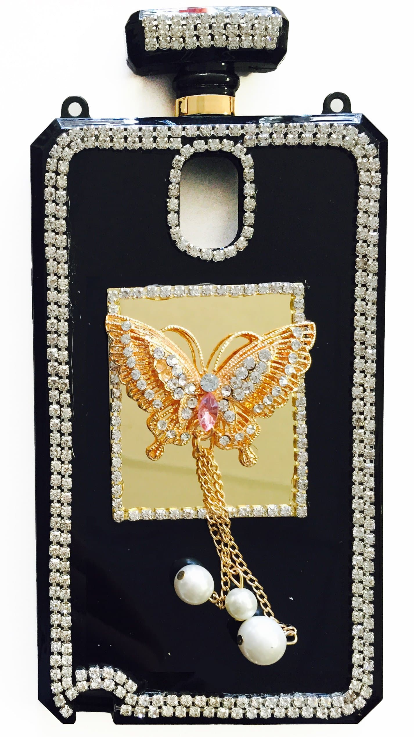 Stylish Crystal Diamond Rhinestones 3D Luxury Shining Butterfly Perfume Bottle Phone Case with Gold/Black Leather Chain (NOTE 3 Gold/Pink)