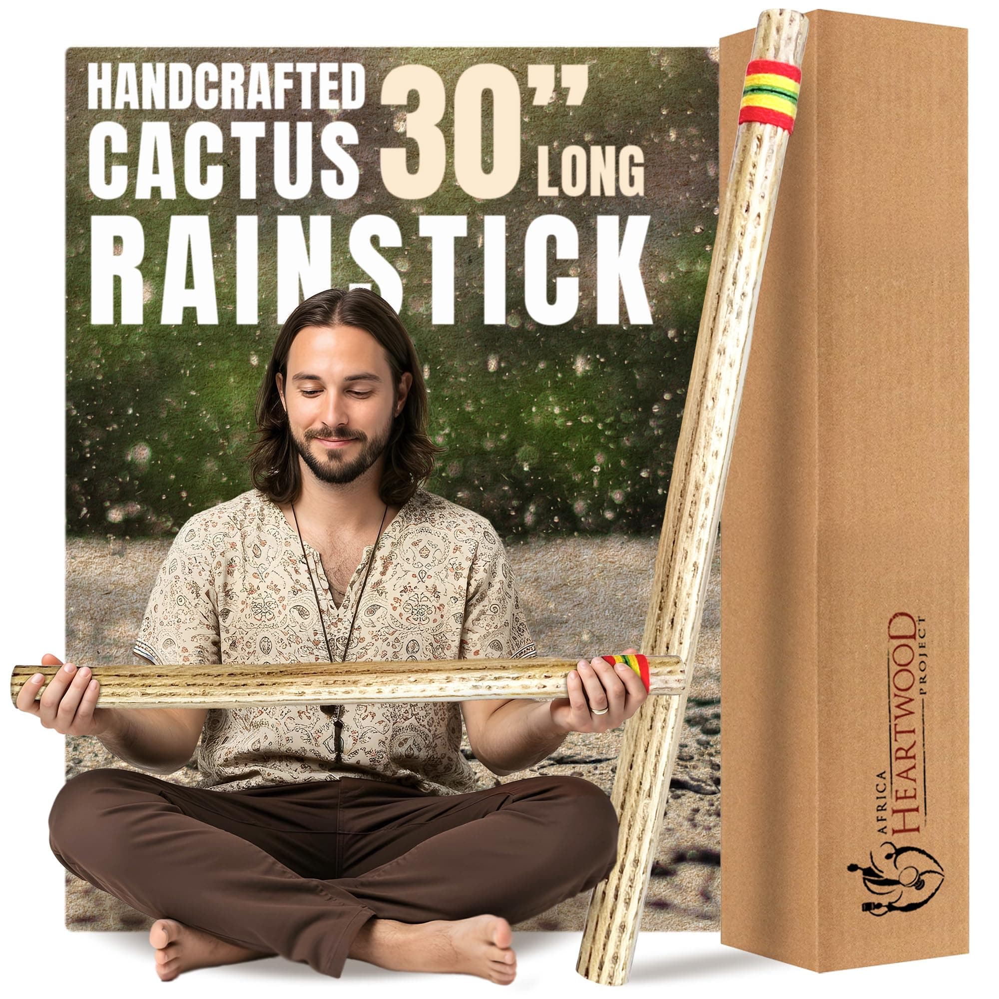 Africa Heartwood Project 30" Cactus Rainstick from Chile - Authentic Handcrafted Rain Stick Musical Instrument with Rasta Yarn Wrap and Durable Sealant