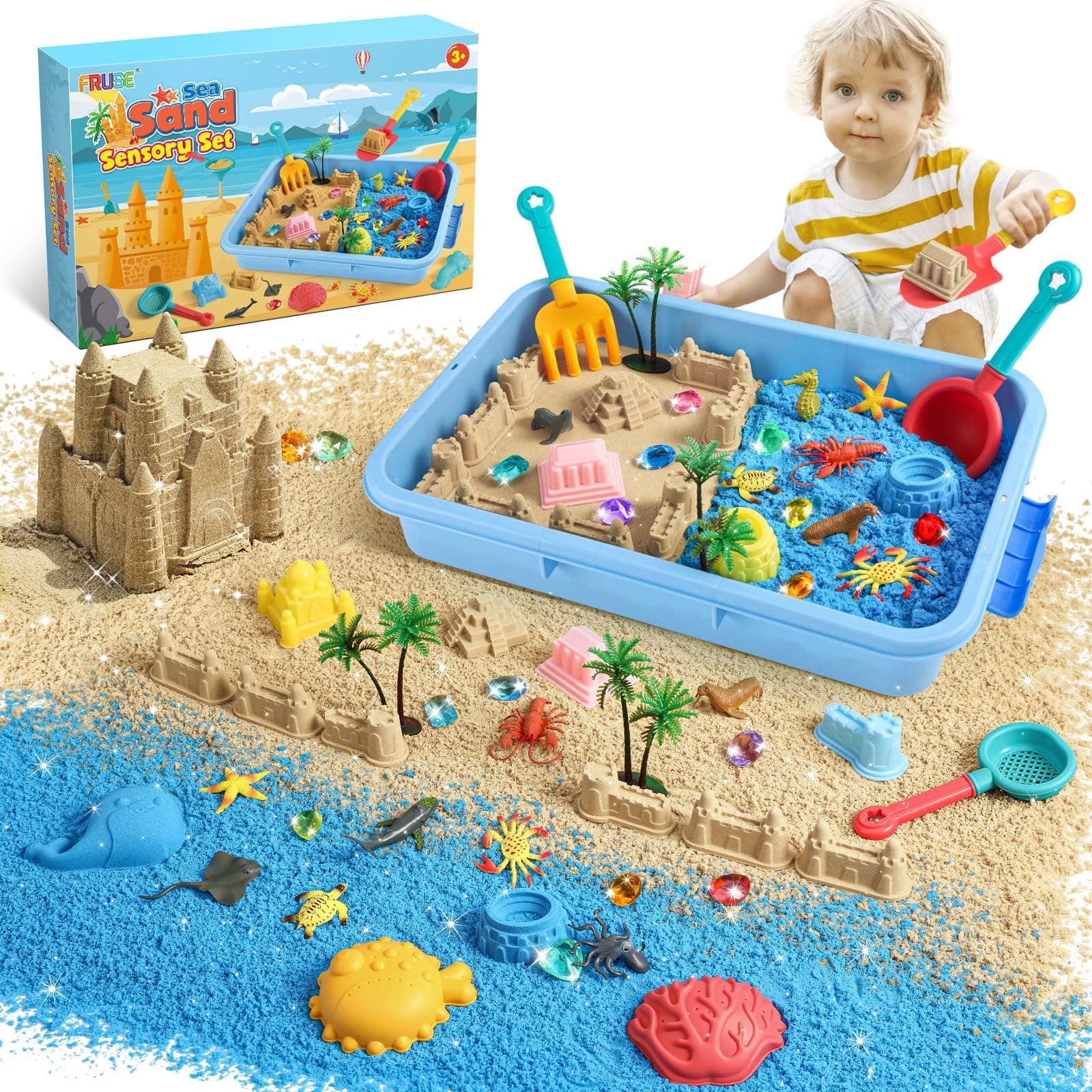 FRUSE Play Sea Sand Art Kit, Sand Box Toys for Toddlers with 1 KG Playsand,12 Sea Animal Toys,Castle Molds,Sensory Bin Sandbox with Cover for Boy Girl Kid Age 3 4 5 6 7 8 9