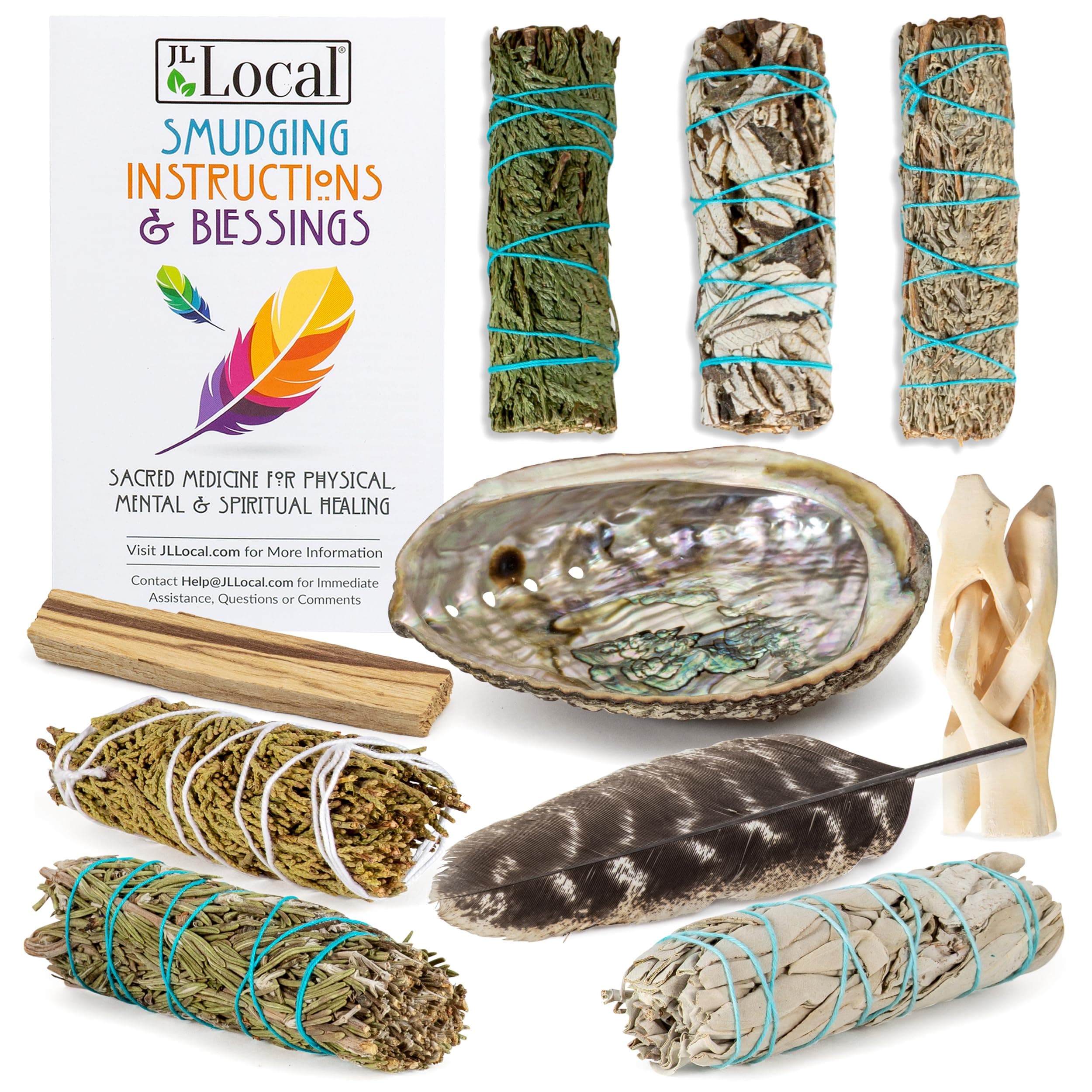 Sage Variety Smudge Kit - White Sage, Blue Sage, Cedar, Juniper, Yerba Santa, Palo Santo, Rosemary, Abalone Shell, Stand, Feather & Instructions | Smudging Kit, Sage Bundle, Smoke Cleanse