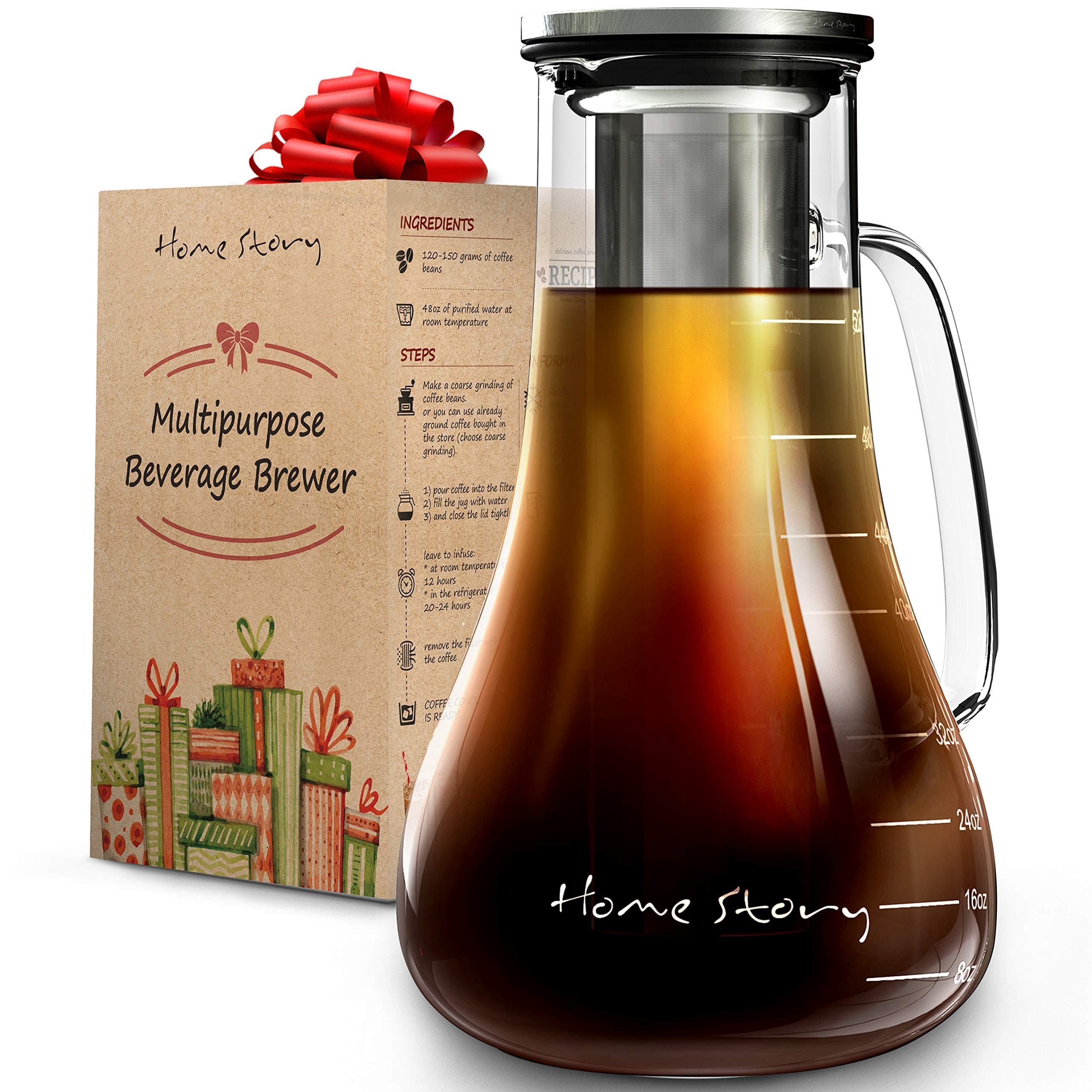 Cold Brew Coffee Maker Glass - Cold Brew Maker 52 oz - Cold Coffee Brewer Pitcher and Iced Tea Cold Brewing Coffee Maker - Works Even as Cold Press Coffee Maker or Hot Tea Maker Infuser Carafe Kit