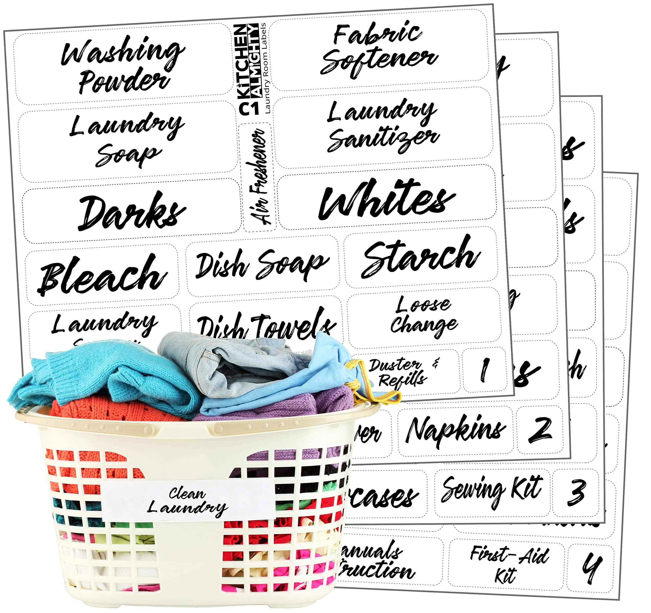 Laundry Room Organization Clear Labels: 85 Classy Gloss Preprinted Water Resistant Label Set to Organize Laundry w/Extra Write-on Stickers