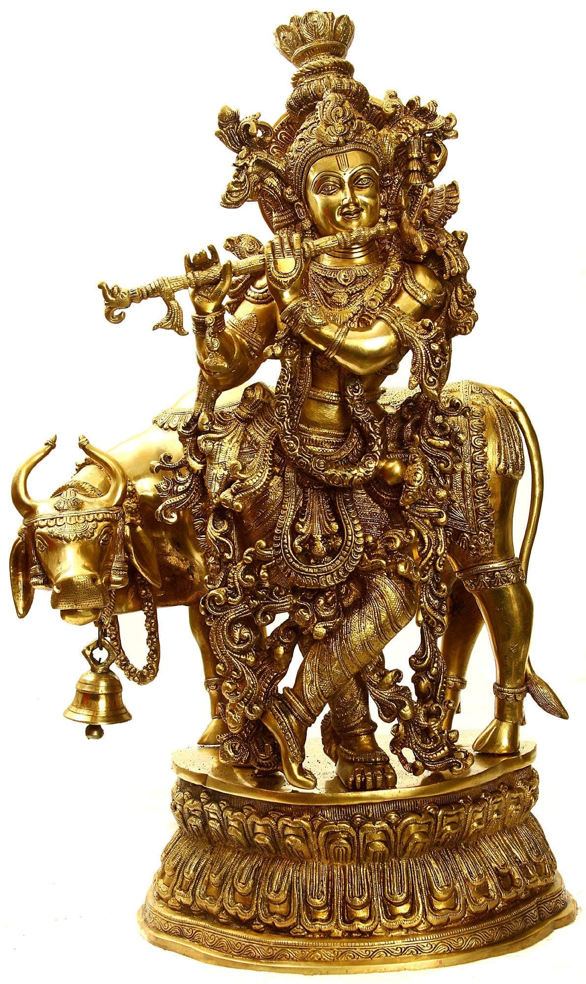 Astadhatu (8 Metals) Made Darling Krishna with Cow Idol/Lord Krishna with Cow Brass Idol/Banke Bihari, Radha Raman, Radha Ballabh Brass Idol - Vrindavan (6 cm)