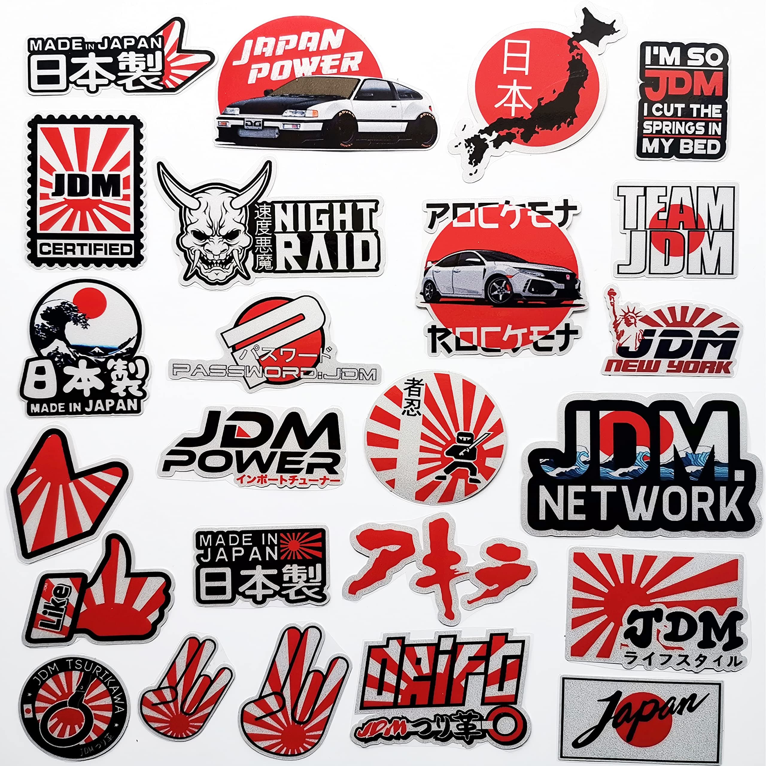 46Pcs Funny JDM Car Stickers Japan Flag Rising Sun Rear Window Stickers Japanese Kanji Graphics Motorcycle Helmet Decals