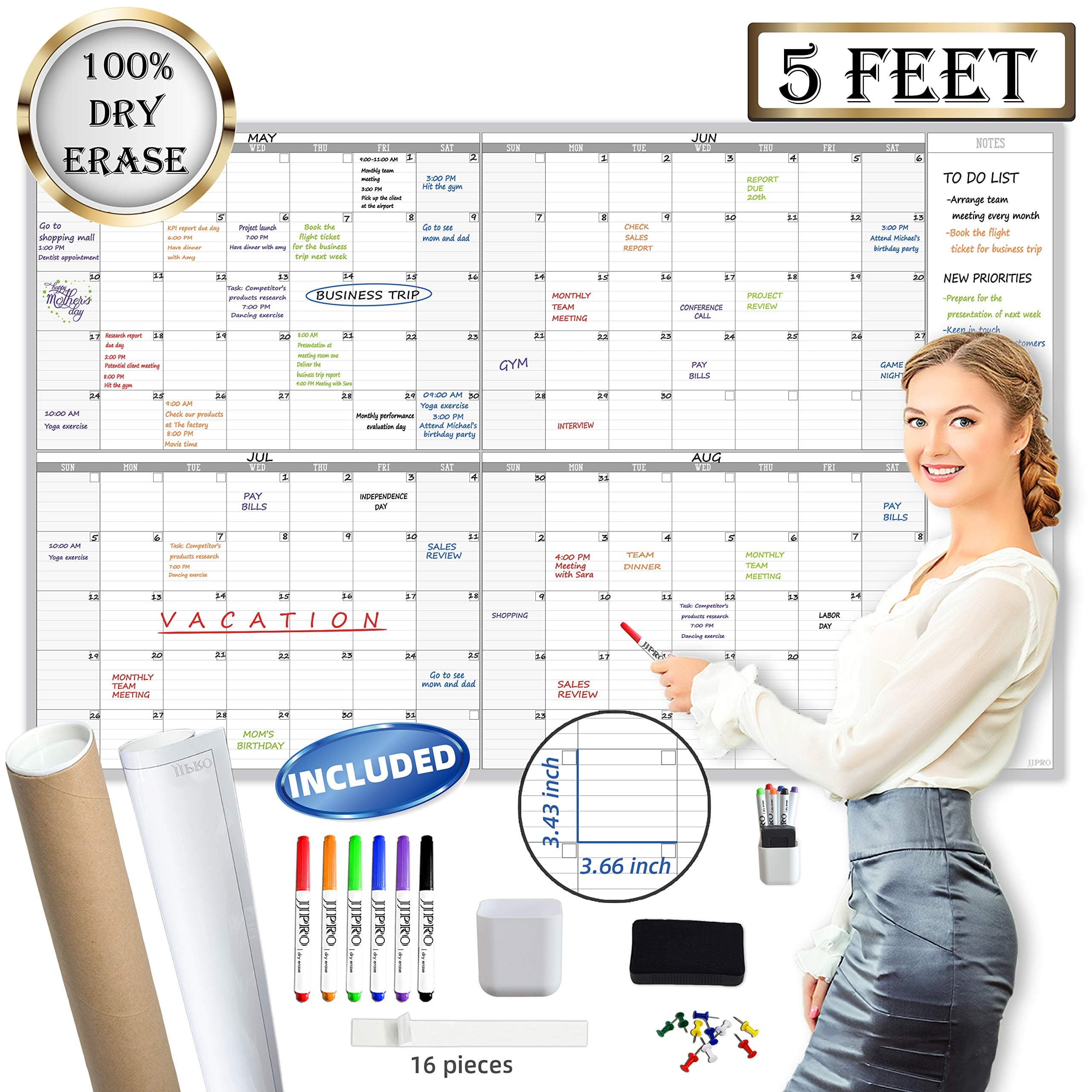 JJPRO Large Dry Erase Wall Calendar 60" x 38" - Premium New Laminate - Blank Undated, Reusable & Erasable 4 Month Planner -Classroom, Office, Project & Family Schedule