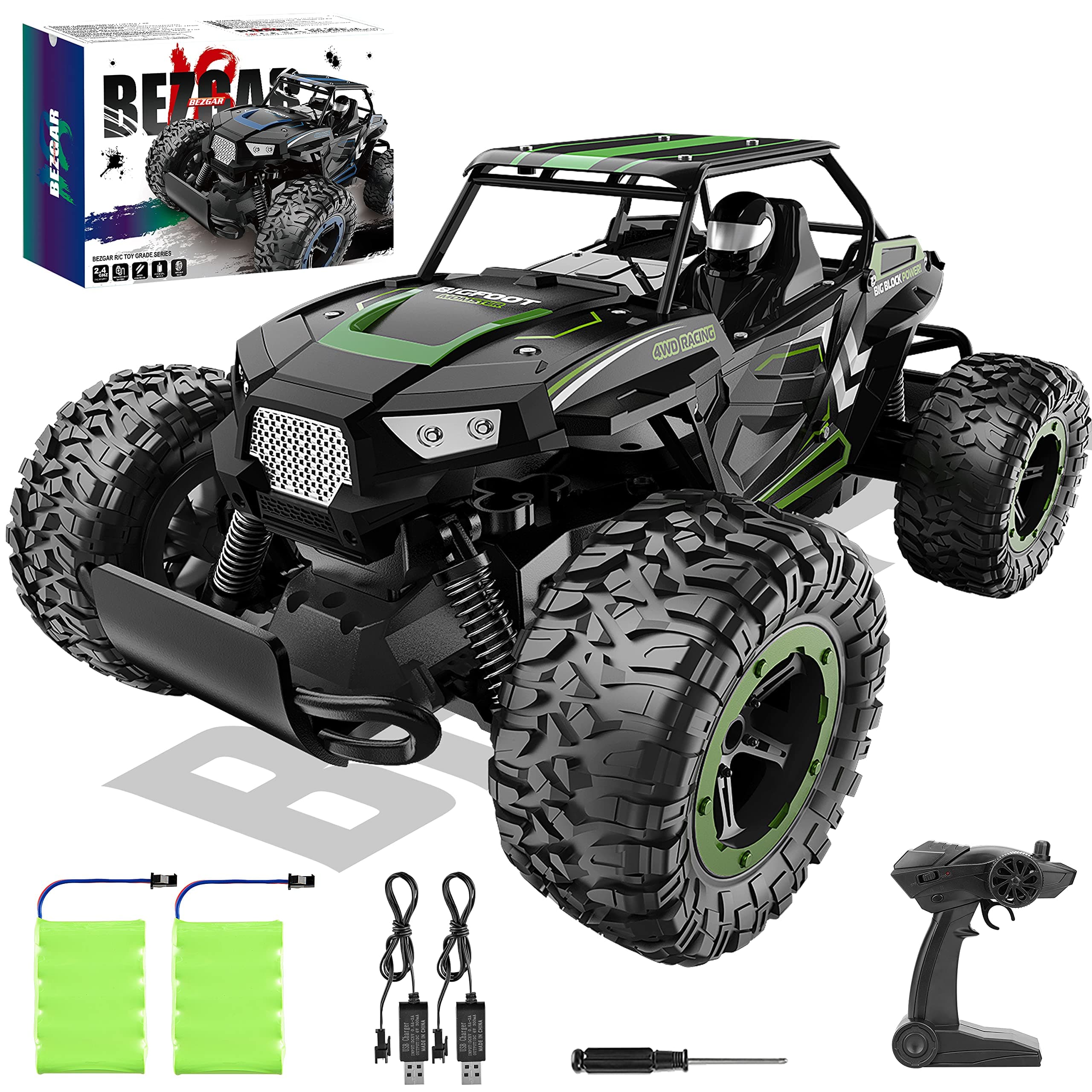 BEZGAR TB142 Remote Control Car - 1:14 Scale RC Cars, 20 Km/h 2WD All-Terrains Electric Off-Road Vehicle Truck Crawler Toy with Two Rechargeable Batteries for Boys Kids and Adults