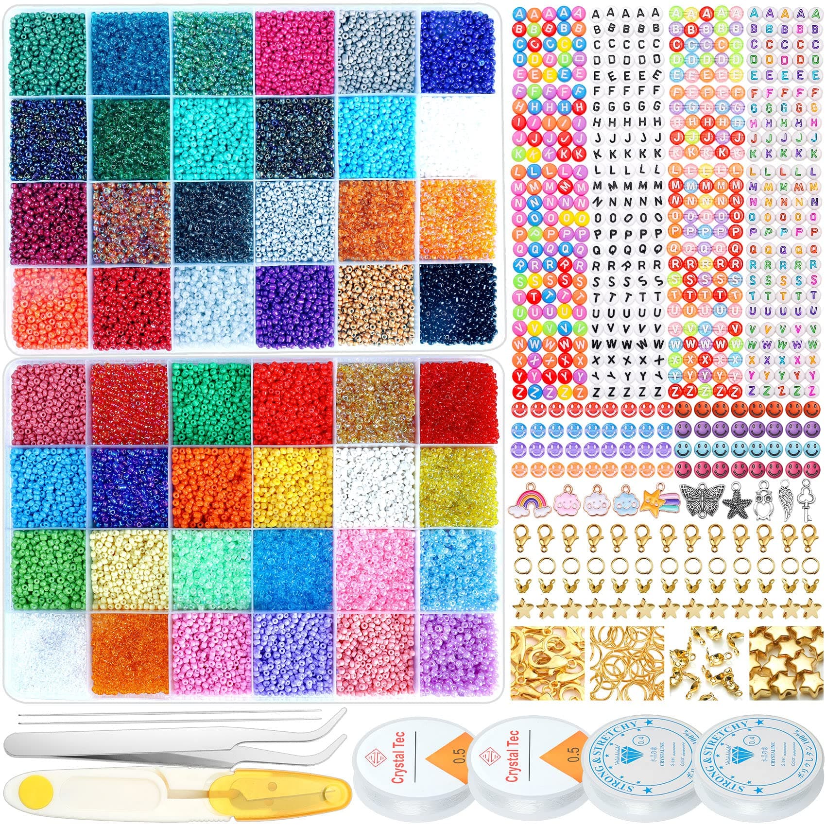 38400pcs 2mm Glass Seed Beads for Jewelry Making Kit, 416pcs Letter Beads & 100pcs Smiley Face Beads 48 Colors Waist Beads Kit Small Beads for Bracelets Necklace Ring with Complete Tool & Accessories