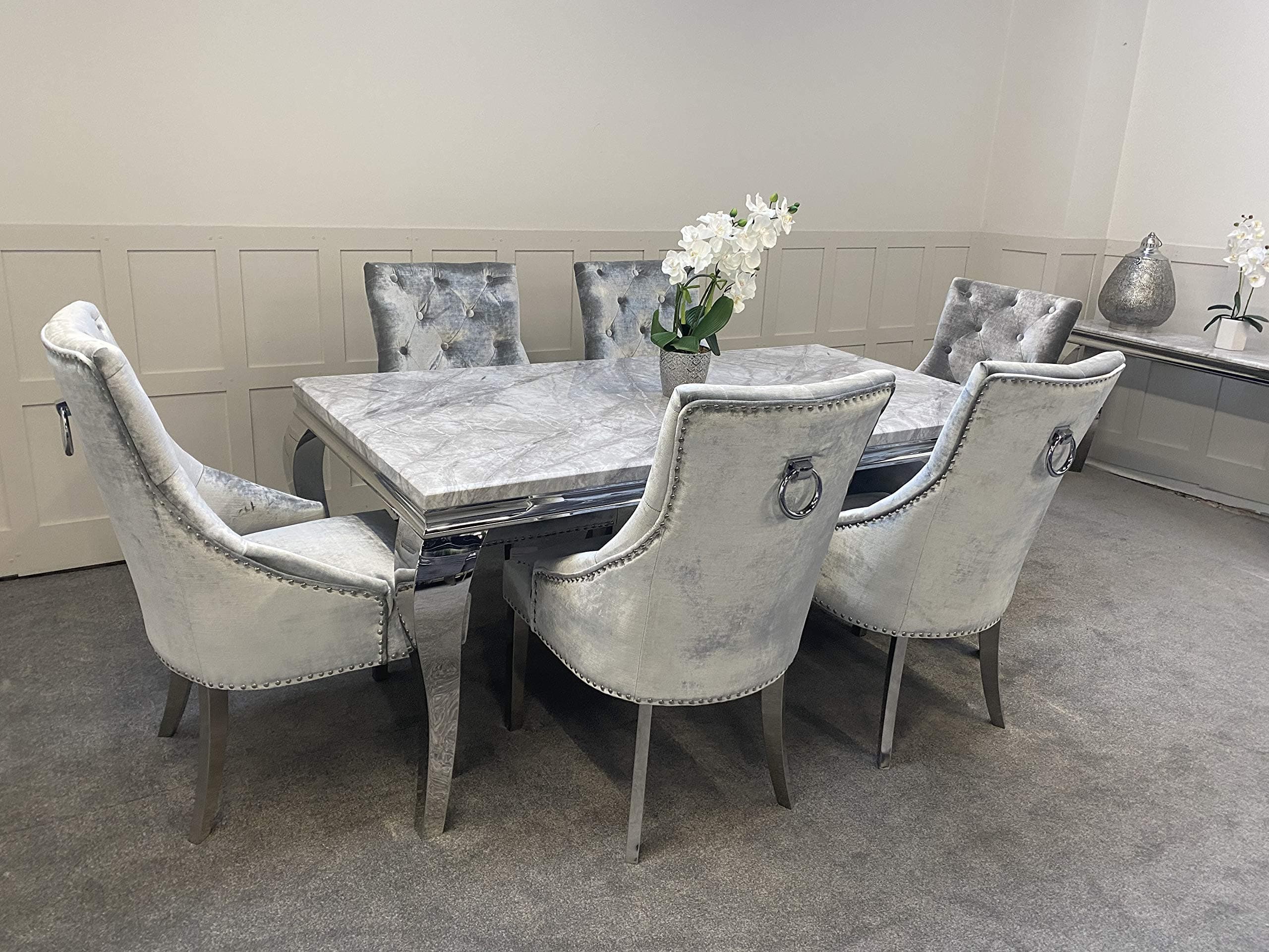 Schwarze Furniture Imperial Grey Marble Mirrored Dining Table and 6 Chairs Set
