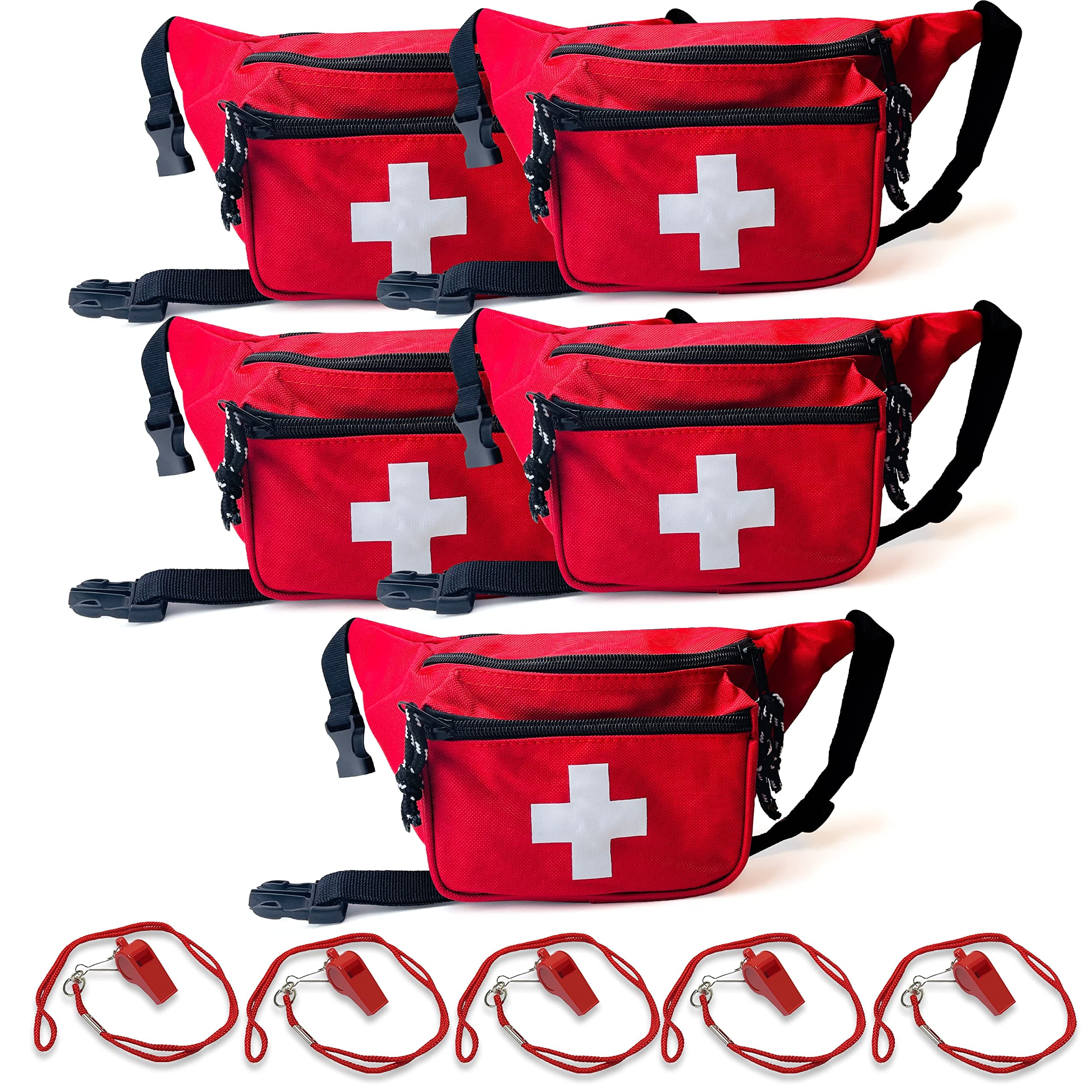ASA TECHMED 5 Pack Lifeguard Fanny Pack With Whistle Lanyard - Baywatch Style First Aid Hip Pack w/Adjustable Strap, Cross Logo + Zipper Pouch, Emergency Equipment Set Red