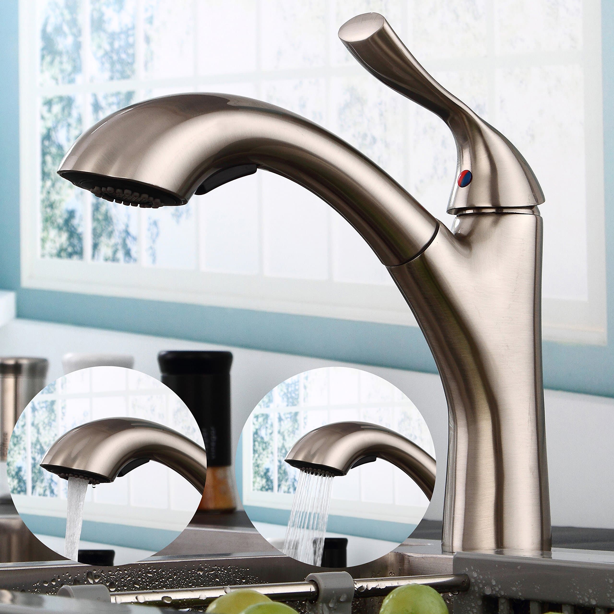 Fyeer Pull Out Style Kitchen Sink Faucet, Full Brass, Brushed Nickel, Single Handle Contemporary Design, Lead Free Certified, Hot&Cold Mixer, Easy Installation Kitchen Faucet