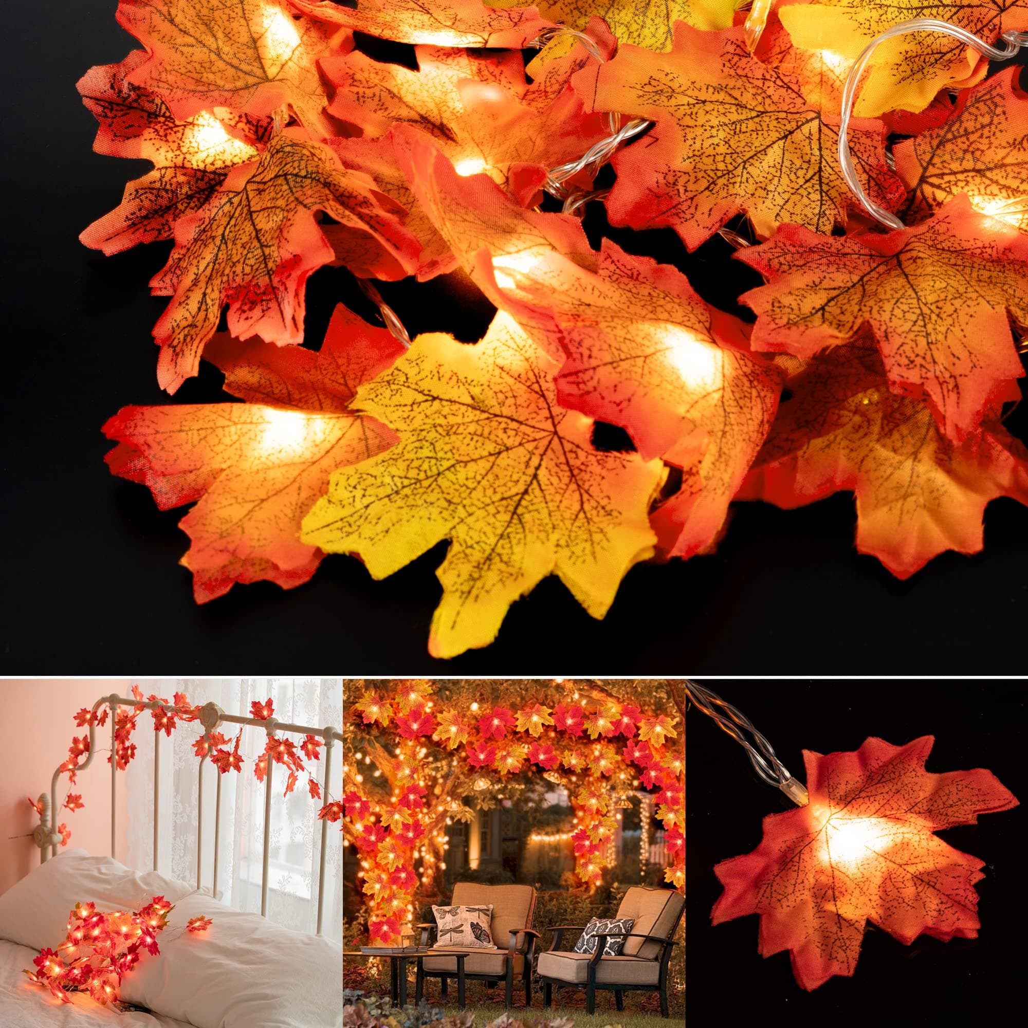 HENMI Maple Leaf Light Chains, Outdoor Autumn Decorations Fairy Lights, 20 LED Artificial Maple Leaves Fall Garland for Indoor Outdoor Home Christmas, Halloween, and Thanksgiving Fall Decorations