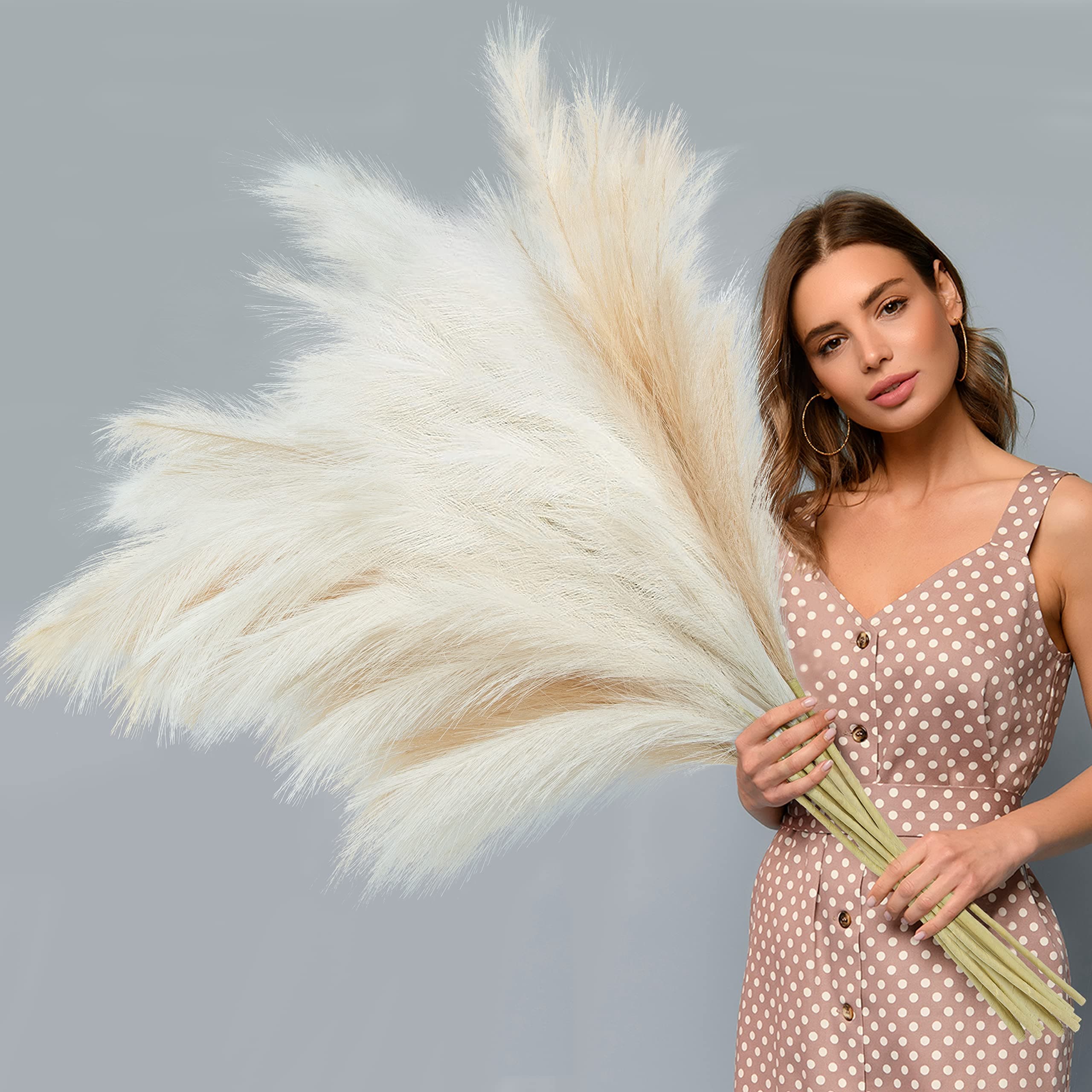 Ouddy Decor 8 Pcs Faux Pampas Grass Decor 38''/97cm Tall Artificial Large Pompous Pompas Floral Fluffy Fake Plants Floor Vase Filler for Wedding Kitchen Home Boho Decorations, Mixed Beige