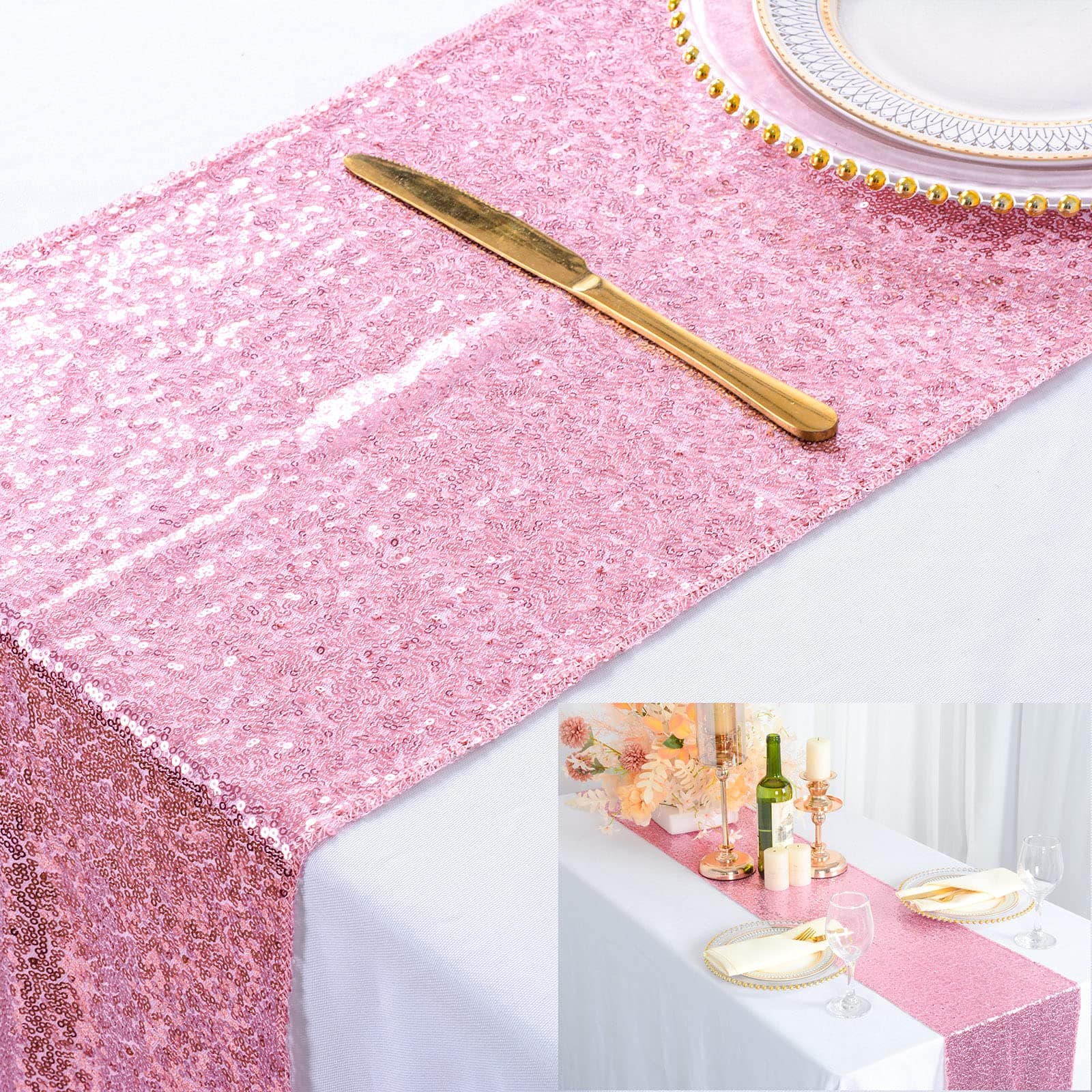 ShinyBeauty Rose Pink Sequin Table Runner 72 Inches Sparkly Sequence Table Runners Pink Gold Thanksgiving Table Runner Home Decor Wedding Table Runner Party Supplies (12x72-Inch, Rose Pink)