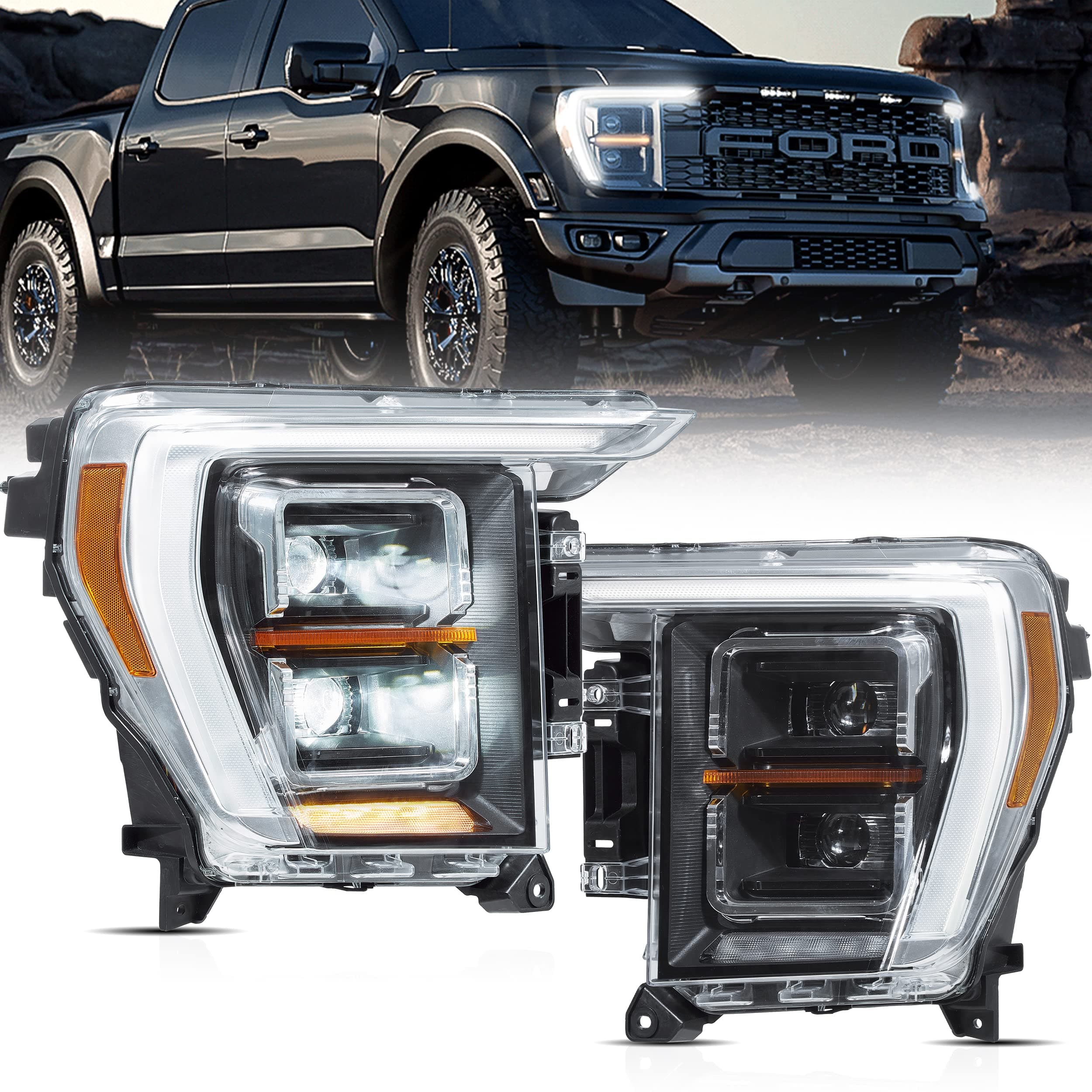 VLAND Headlight Assembly Fit for Ford F150 2021-2023 14th Gen XL, XLT, Lariat, Tremor, Raptor, King Ranch, Platinum, Limited, Clear/Projector