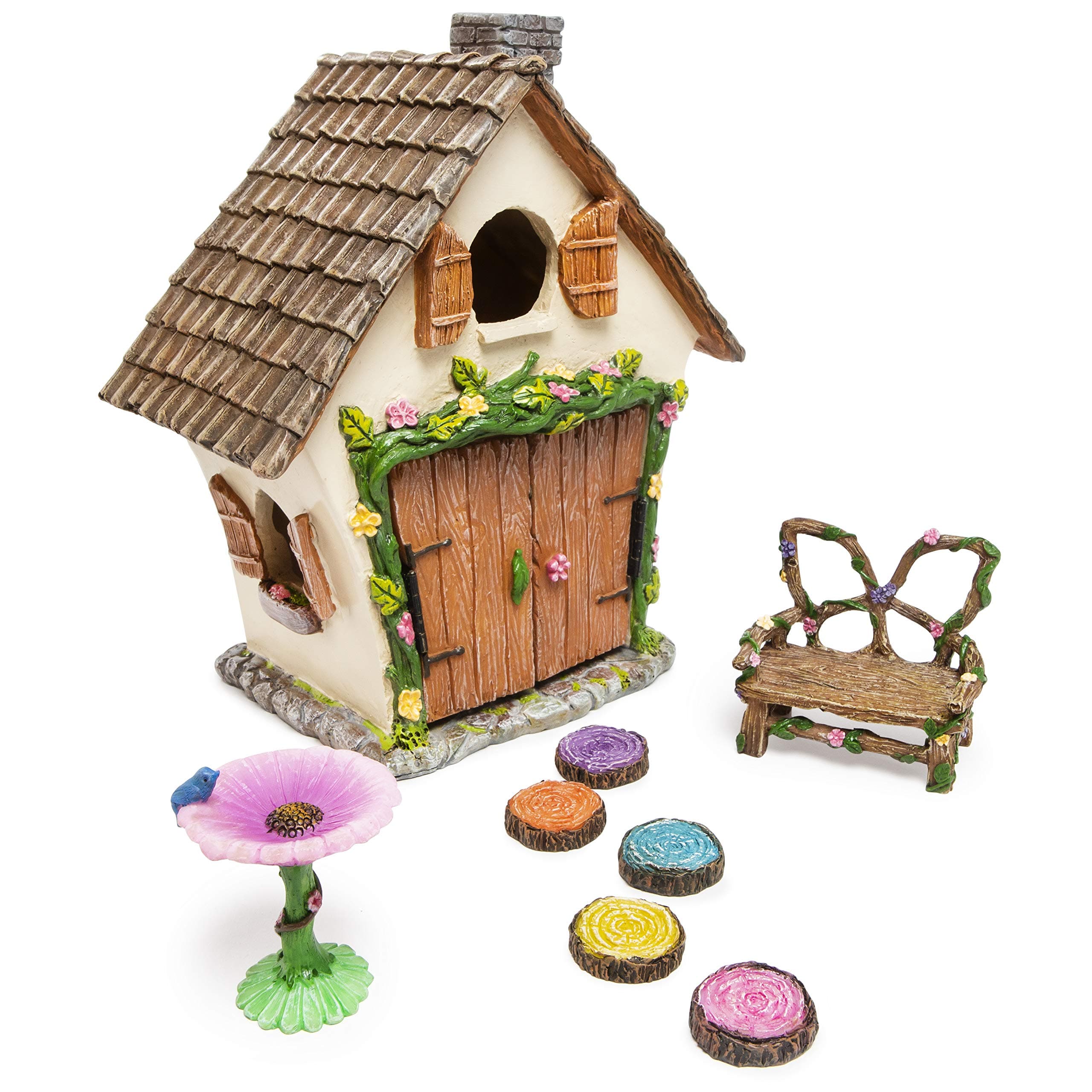 Fairy Garden House Kit - Complete with Fairy Garden Accessories, Butterly Seat, Bird Bath, Stepping Stones, Magnetic Door Closure for Indoor/Outdoor Fairy House
