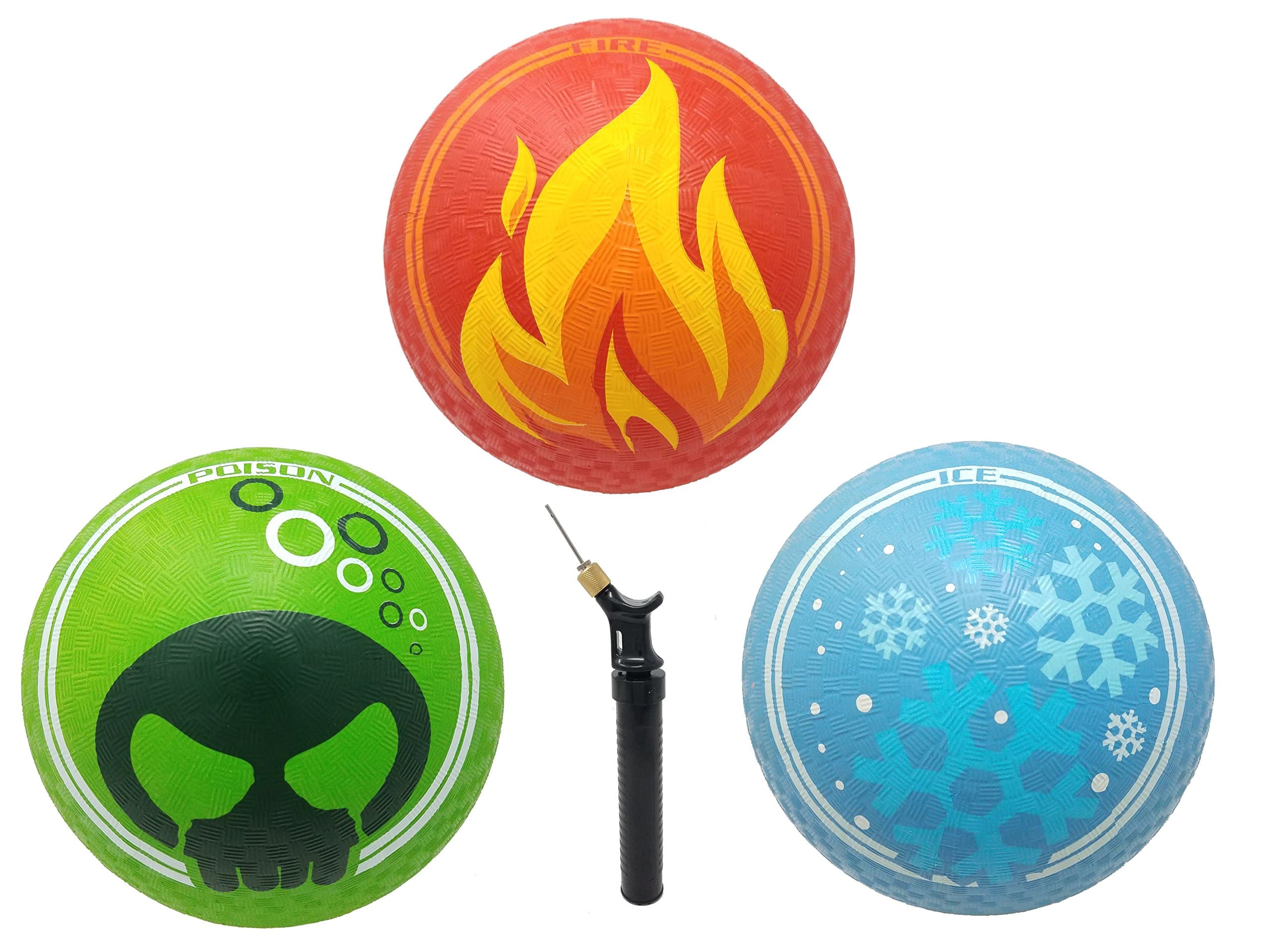 JUJU Athletics Elemental Rubber Balls – Ideal for the Playground - 8.5” – Fire, Ice and Poison Designs – Includes Dual Action Ball Pump - Dodgeball, Kickball and Foursquare – 3 Pack by