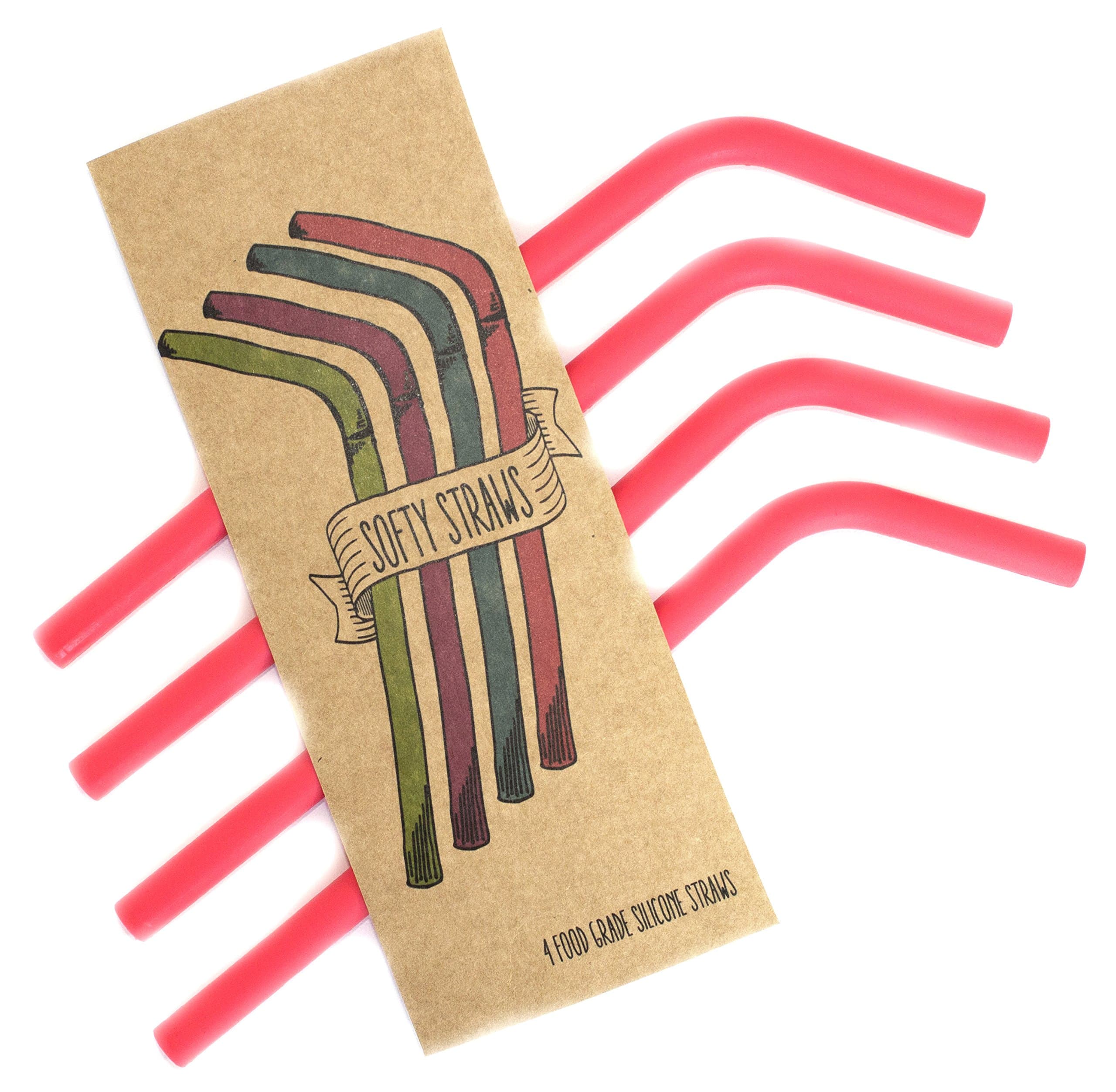 Reusable Food Grade Silicone Drinking Straws (4 Pack) Watermelon Red - Dishwasher Clean, Safe for Kids