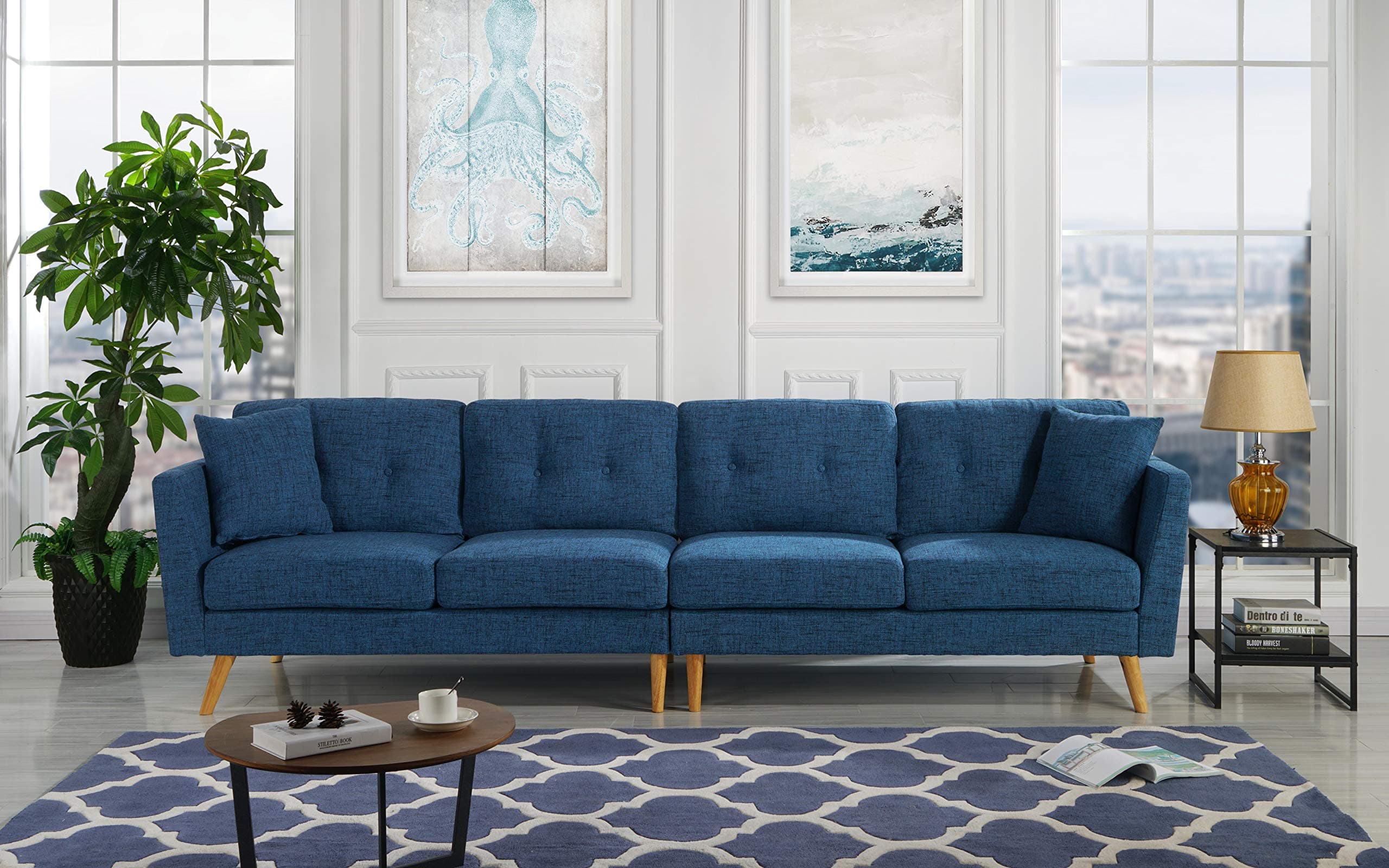 Upholstered Large Fabric Sofa, 114.9" W inches (Dark Blue)