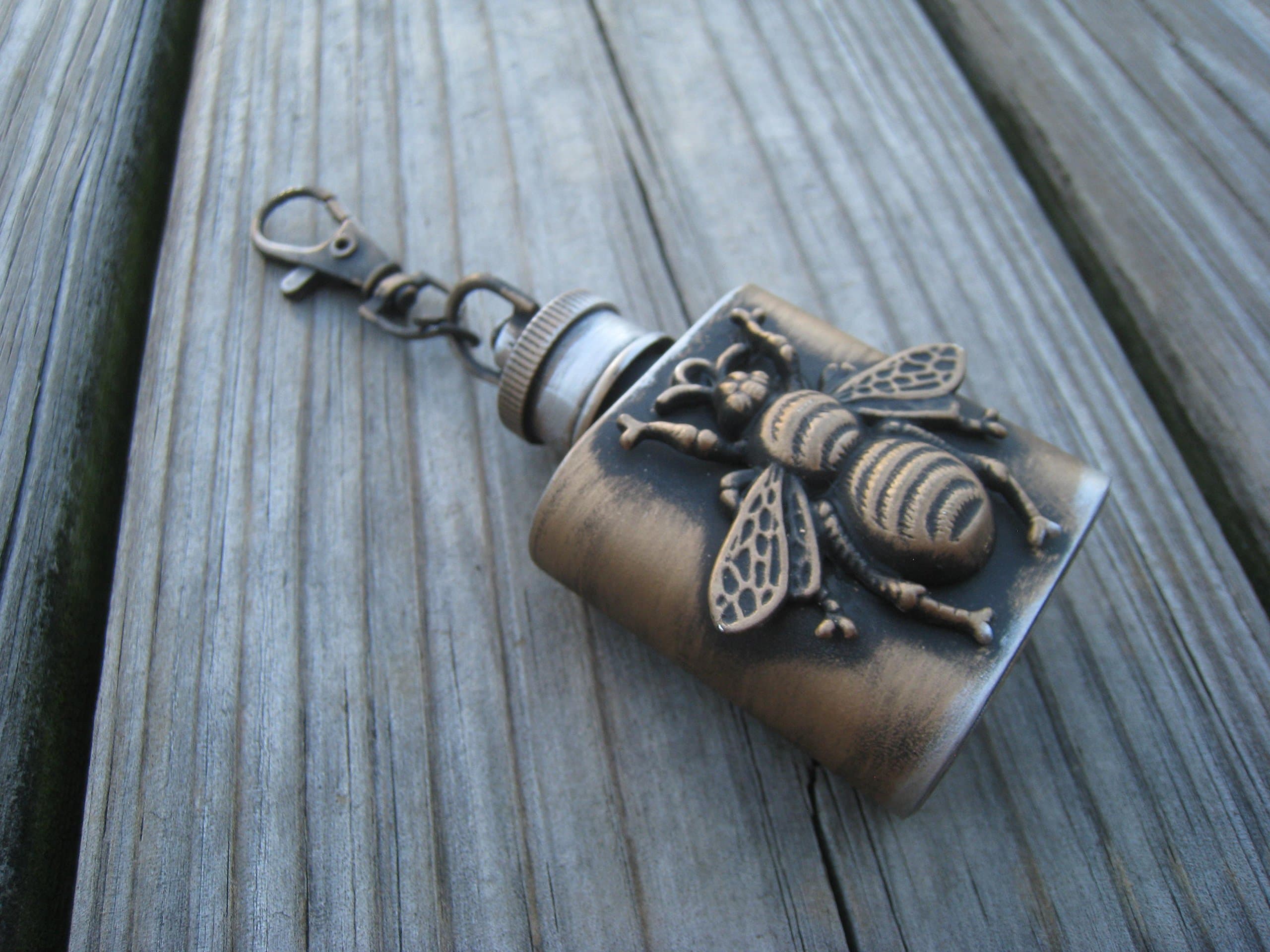 Steampunk Keychain mini flak - Steampunk mini flask Keychain-Groomsmen gift -for him - Compass keychain - Burning man keychain mini flask- Bee Steampunk mini flask-Steampunk flask