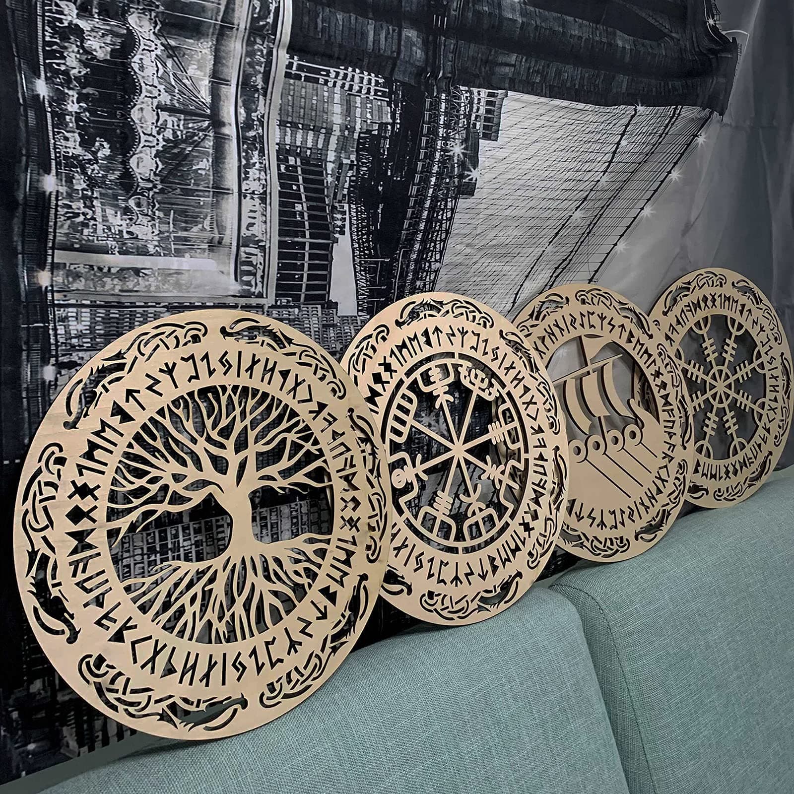 Tucocoo 4 Pieces Vikings Wooden Wall Decor Tree of Life Wall Art Nordic Vikings Rune Amulet Wall Decor Wooden Vikings Warship Home Decor Can Be Graffiti, Ready to Hang Living Room Decor12‘’x12''x0.2''