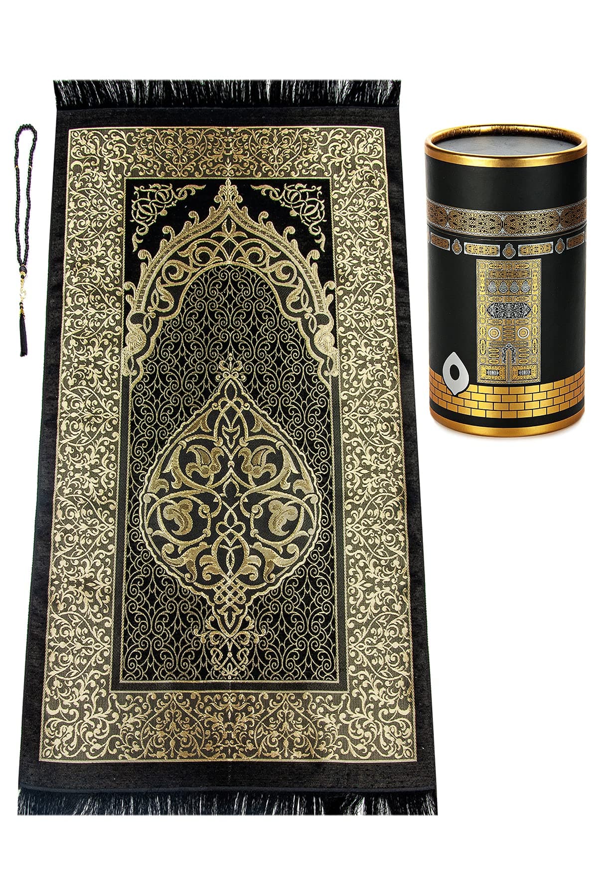 ihvan online Muslim Prayer Rug and Prayer Beads with Elegant Design Cylinder Gift Box, Janamaz, Soft Sajadah, Islamic Gifts Set, Portable Prayers Carpet Mat, Taffeta Fabric, Black